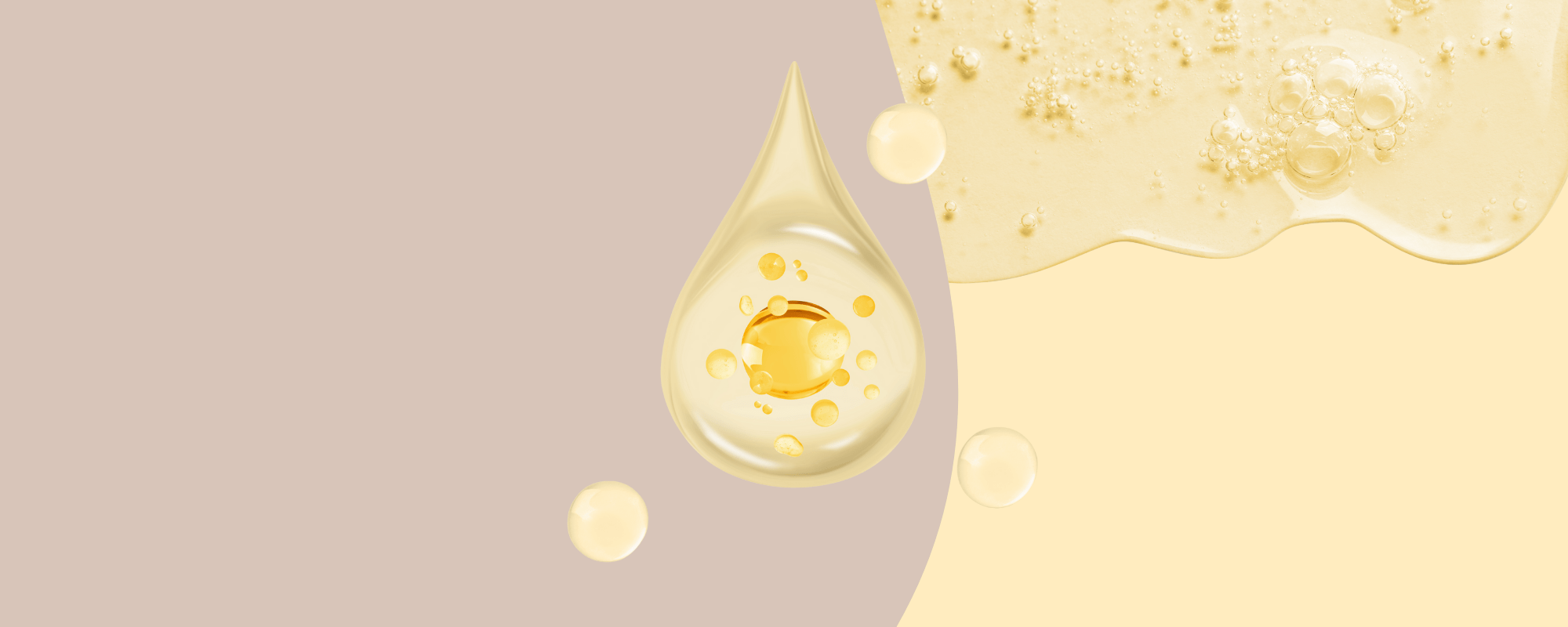 Niacinamid Tropfen und Gel auf einem beige-gelben Hintergrund