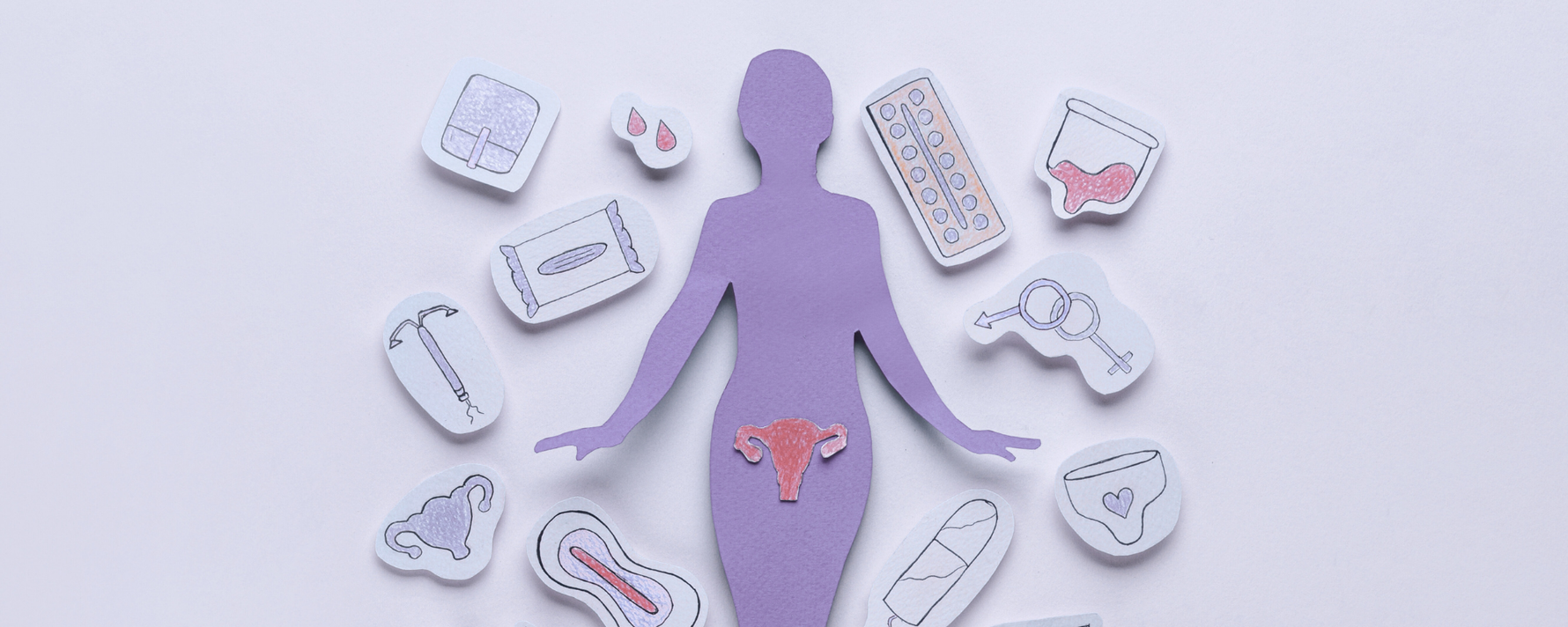 Abbildung des weiblichen Zyklus mit Frauenfigur und Utensilien