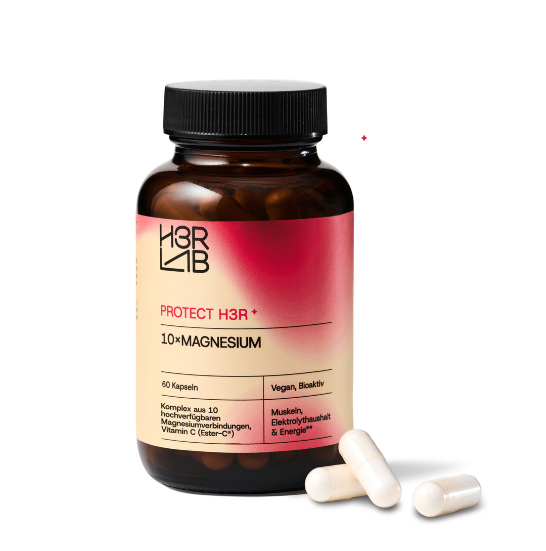 Zehn Magnesium-Kapseln von H3R LAB in einer transparenten Flasche, ideal für Nahrungsergänzung und Muskelentspannung.