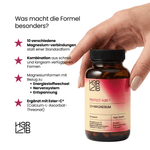 Zehn Magnesiumpräparate in weißen Kapseln von H3R LAB, gesundheitsfördernd, auf weißem Hintergrund.