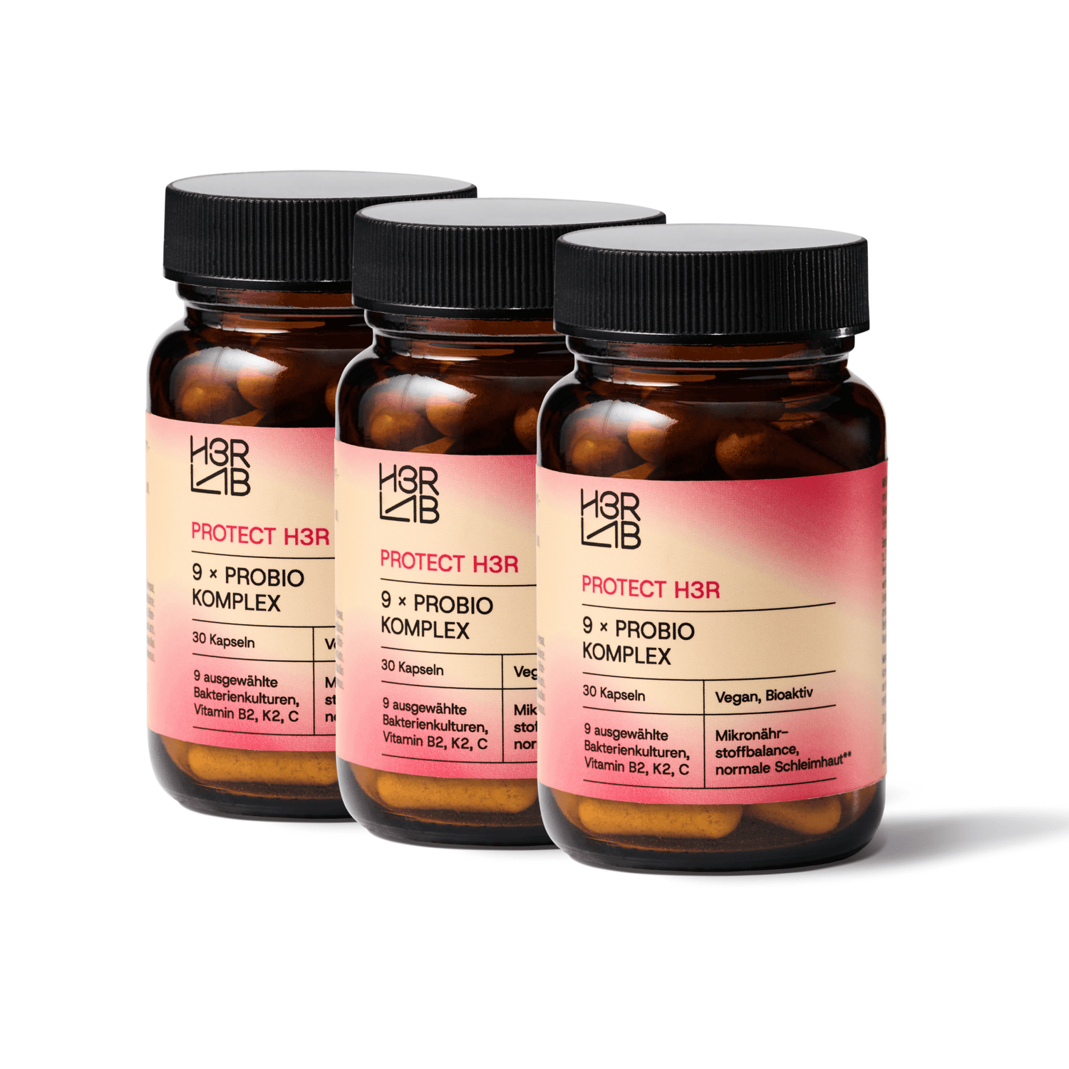 Drei Packungen 9xProbio Komplex von H3R LAB mit probiotischen Nahrungsergänzungsmitteln in Blisterverpackungen.