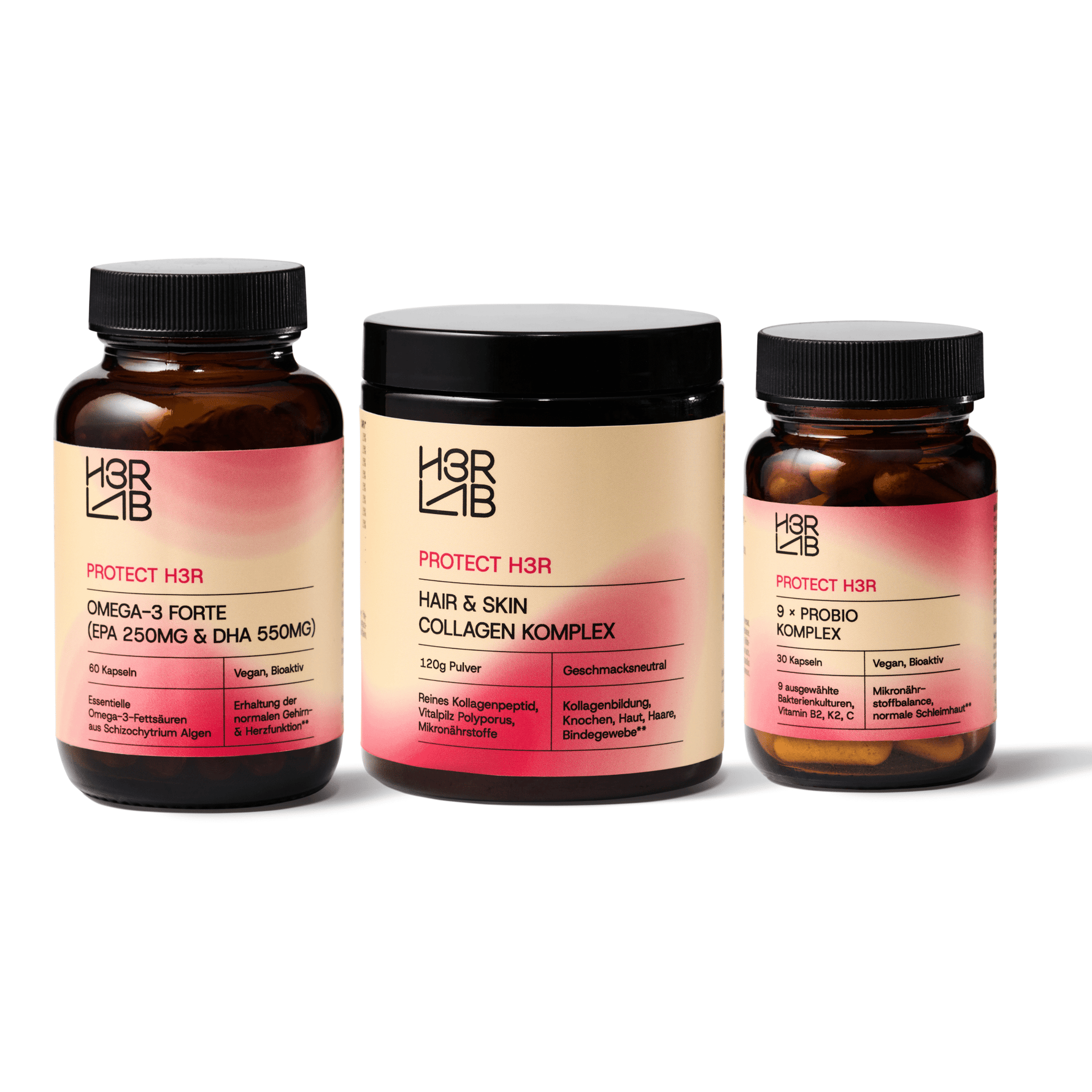 H3R LAB Darm Balance & Glow Bundle mit probiotischen und pflegenden Nahrungsergänzungsmitteln.