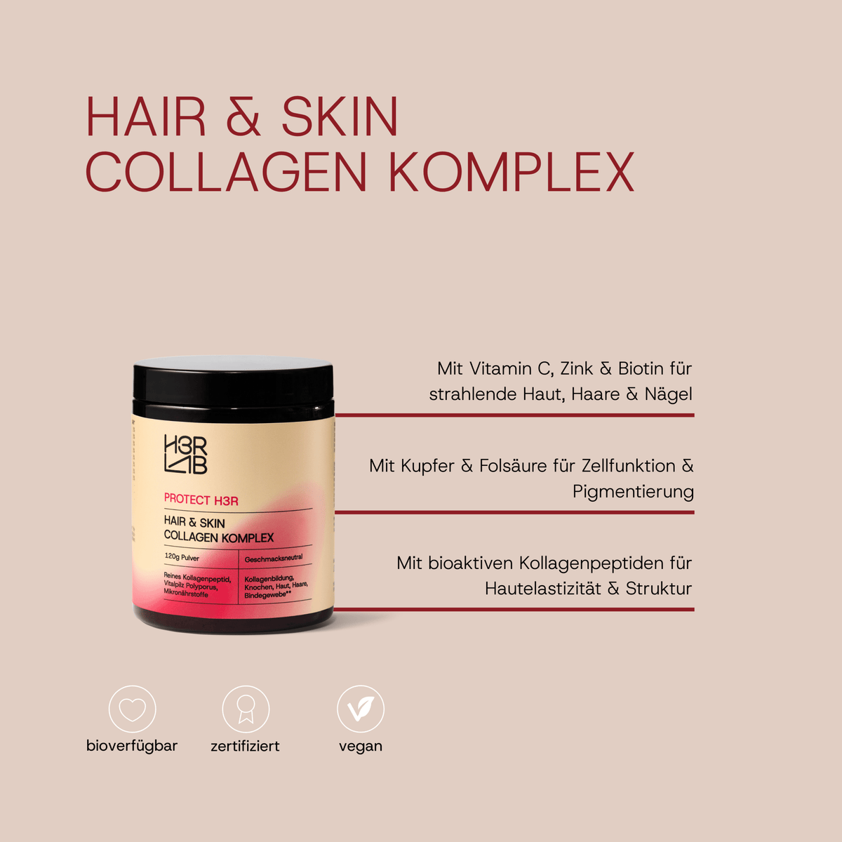 H3R LAB Hair & Skin Kollagen Komplex Geschenk, natürliche Ergänzung für schöne Haut und Haare, Darm-Balance und Glow.