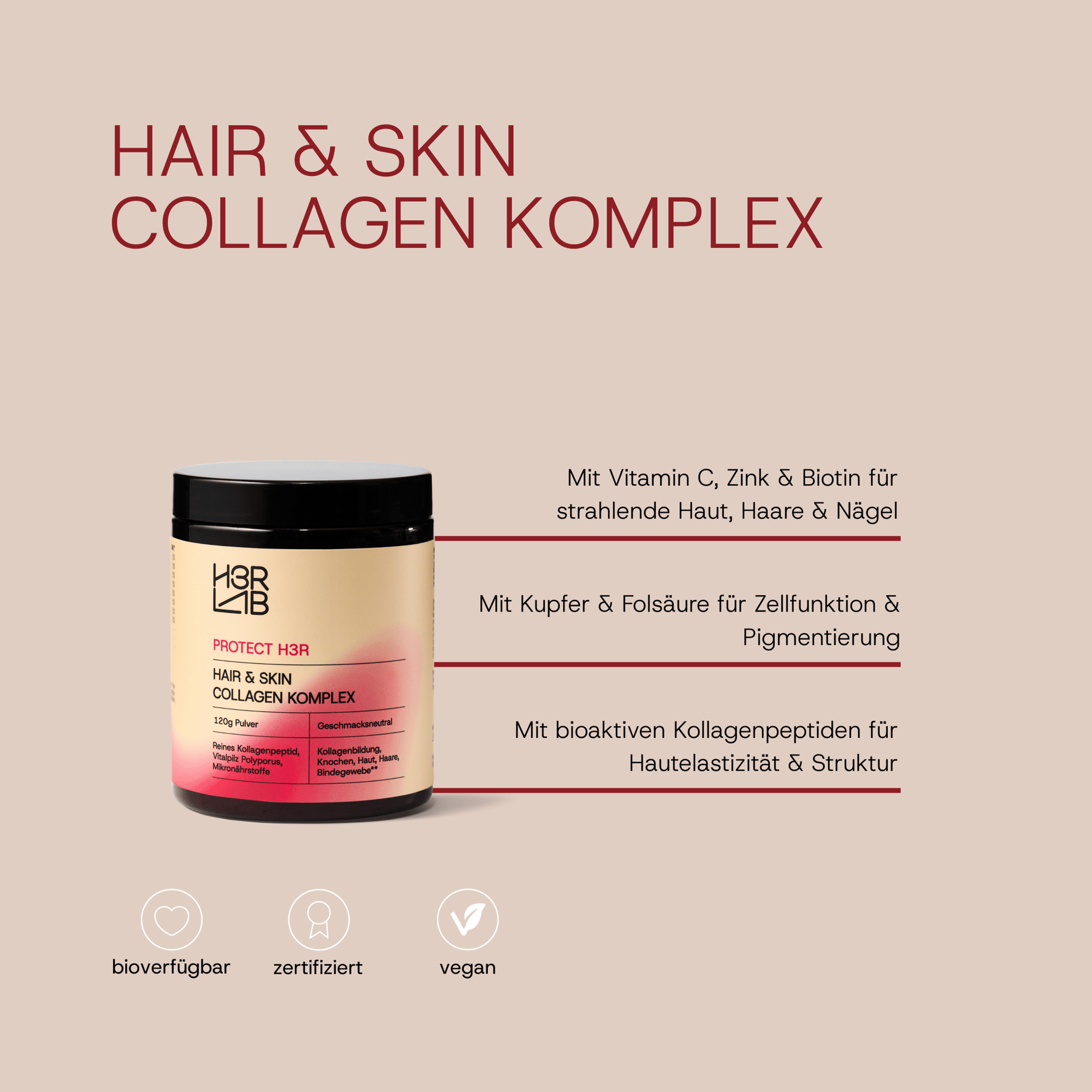 H3R LAB Hair & Skin Kollagen Komplex Geschenk, natürliche Ergänzung für schöne Haut und Haare, Darm-Balance und Glow.