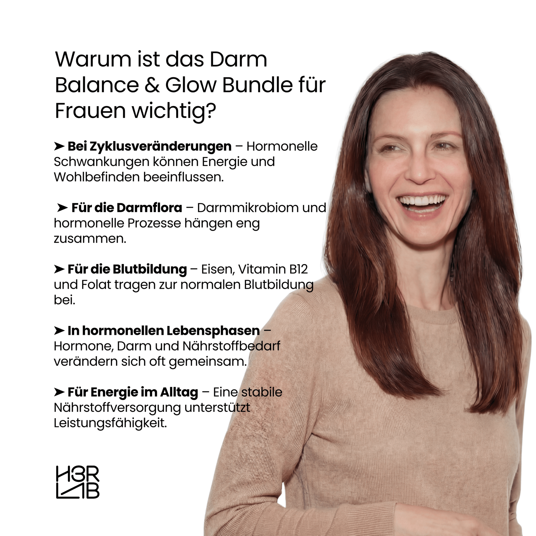 H3R LAB Darm Balance & Glow Bundle mit probiotischen Kapseln und Nahrungsergänzung für eine gesunde Verdauung und strahlende Haut.