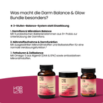 H3R LAB Darm Balance & Glow Bundle mit Nahrungsergänzungsmitteln, zeigt die Produkte in einer stilvollen Verpackung