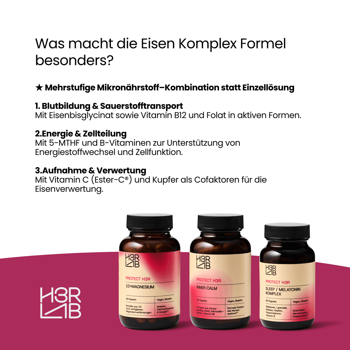 Eisen Komplex von H3R LAB in brauner Flasche mit Kapseln, Nahaufnahme des Produkts.
