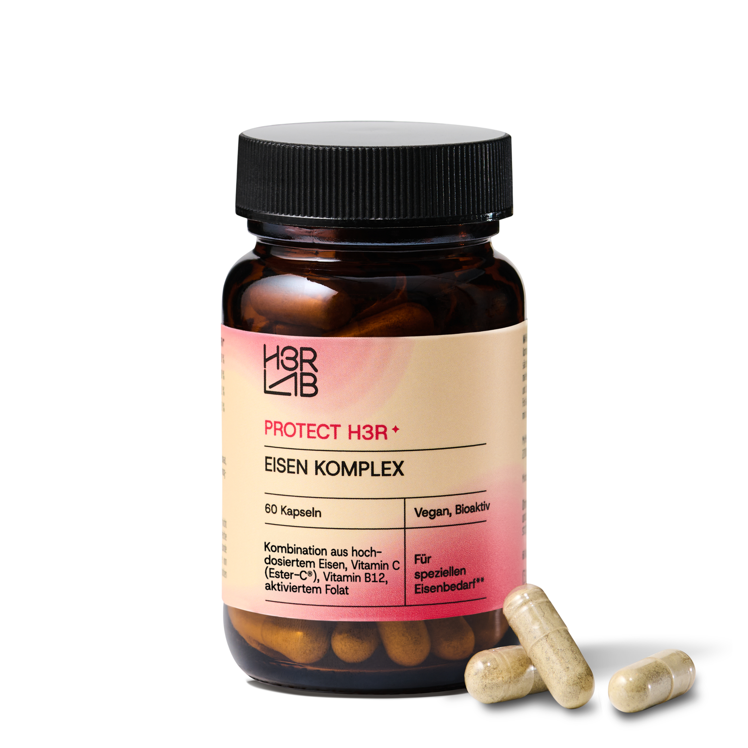 H3R LAB Eisen Komplex Nahrungsergänzungsmittel in Packung mit Tabletten, Nahaufnahme