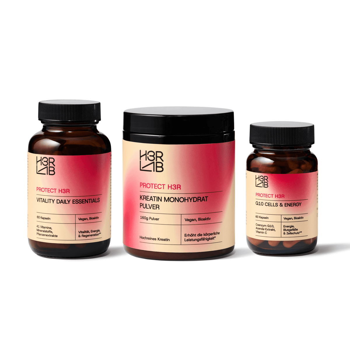 H3R LAB Energie, Leistung und Kraft Bundle mit Nahrungsergänzungsmitteln in schwarzer Verpackung, praktische Ergänzung für Fitness und Energie