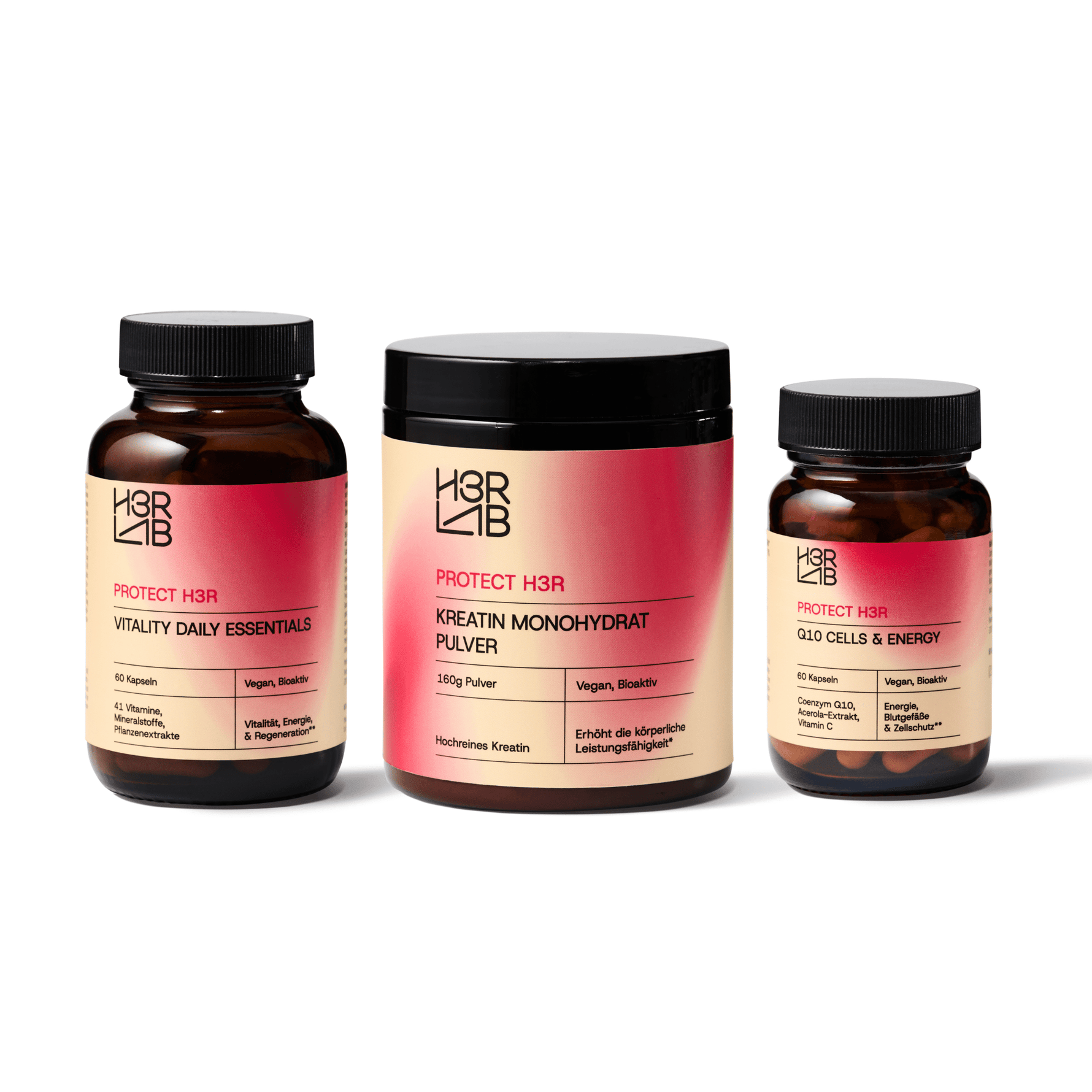 H3R LAB Energie, Leistung und Kraft Bundle mit Nahrungsergänzungsmitteln in schwarzer Verpackung, praktische Ergänzung für Fitness und Energie
