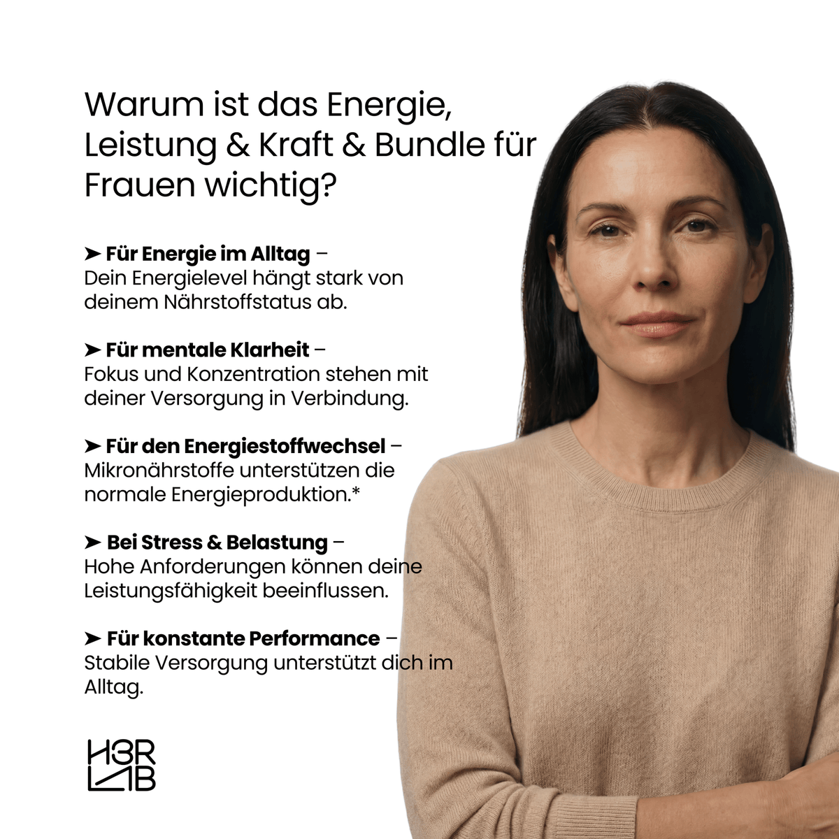 H3R LAB Energie, Leistung und Kraft Bundle mit Nahrungsergänzungsmitteln, zeigt die Produktverpackungen vor einem weißen Hintergrund.