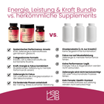 H3R LAB Energie, Leistung und Kraft Bundle mit Nahrungsergänzungsmitteln, zeigt die verschiedenen Produkte in der Verpackung
