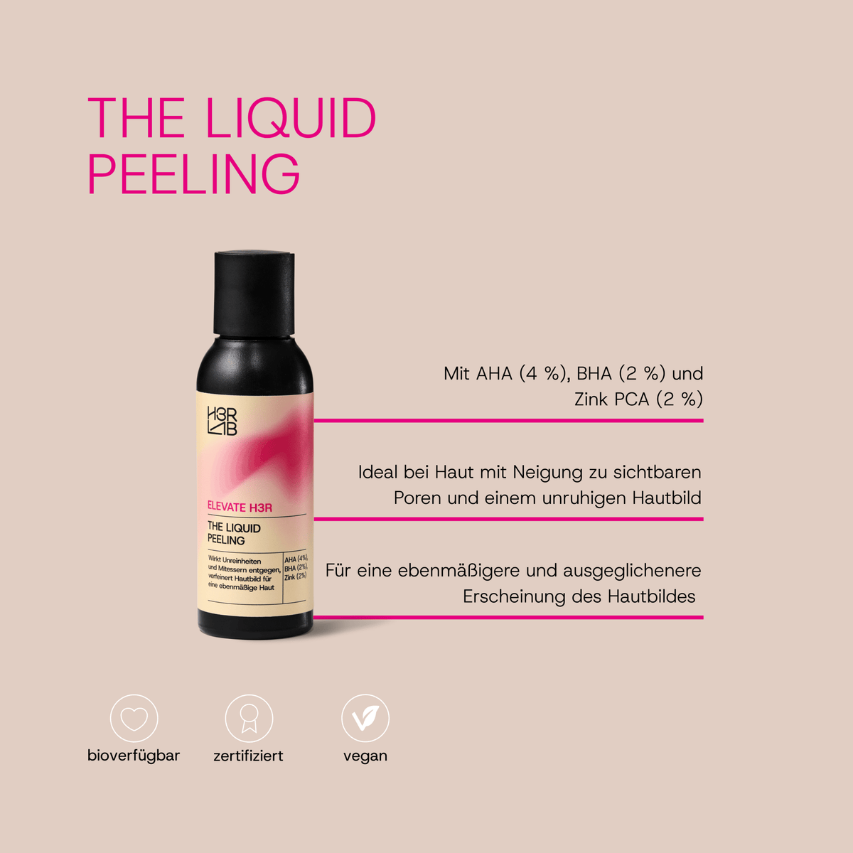 H3R LAB exfolierendes Peeling mit AHA, BHA und Zink, sichtbare Textur und Inhaltsstoffe in der Flasche