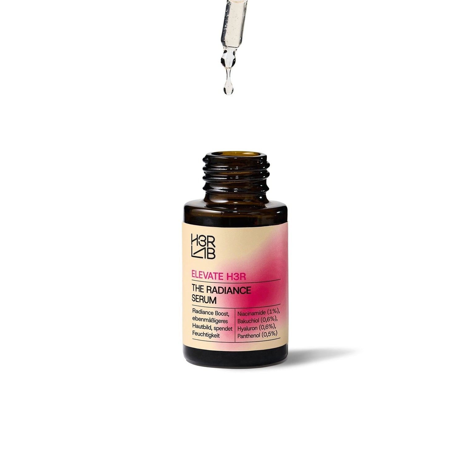 H3R LAB Radiance Serum mit Niacinamid und Bakuchiol, Nahaufnahme der Flasche und Hautpflege-Produkt im Bundle