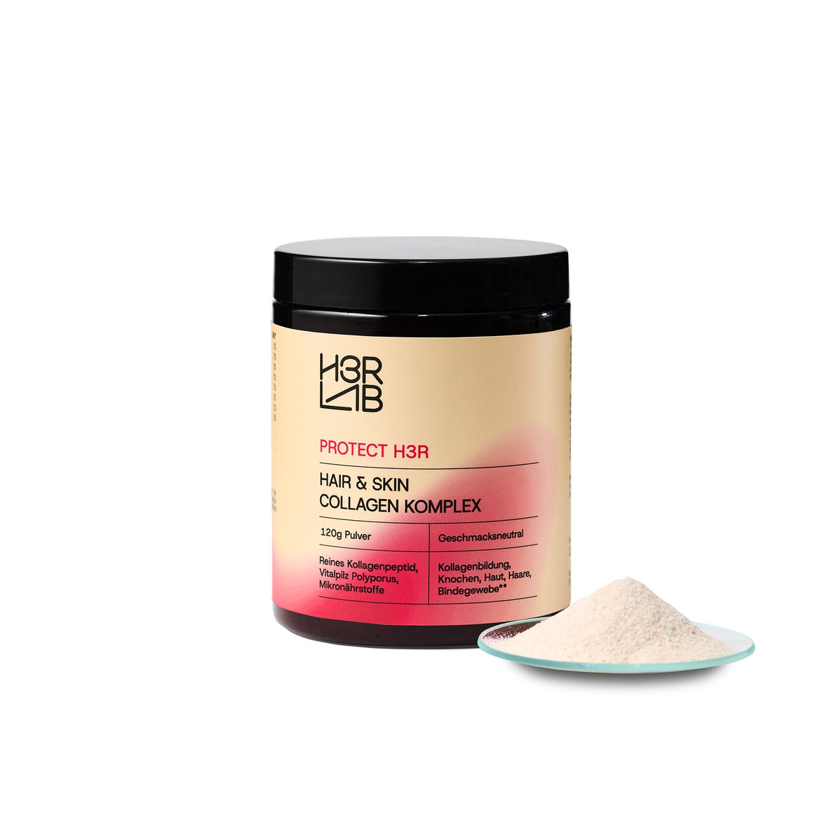 H3R LAB Hair & Skin Kollagen Komplex in einer Geschenkverpackung, zeigt die Flasche mit Kollagenpräparat für Haare und Haut