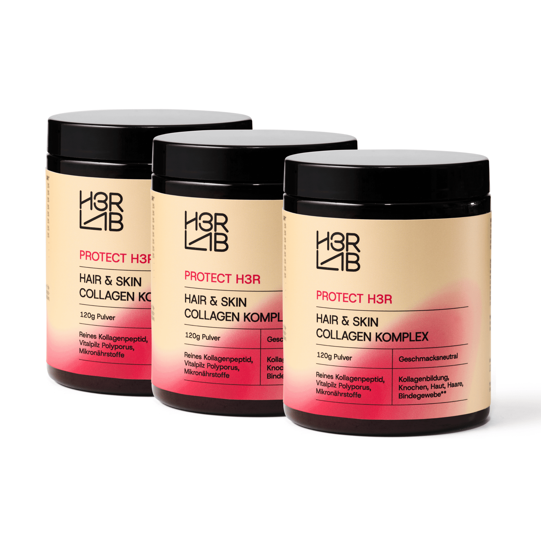 H3R LAB Hair & Skin Kollagen Komplex in einer Geschenkverpackung, zeigt die Kapseln und Produktbeschreibung auf der Verpackung