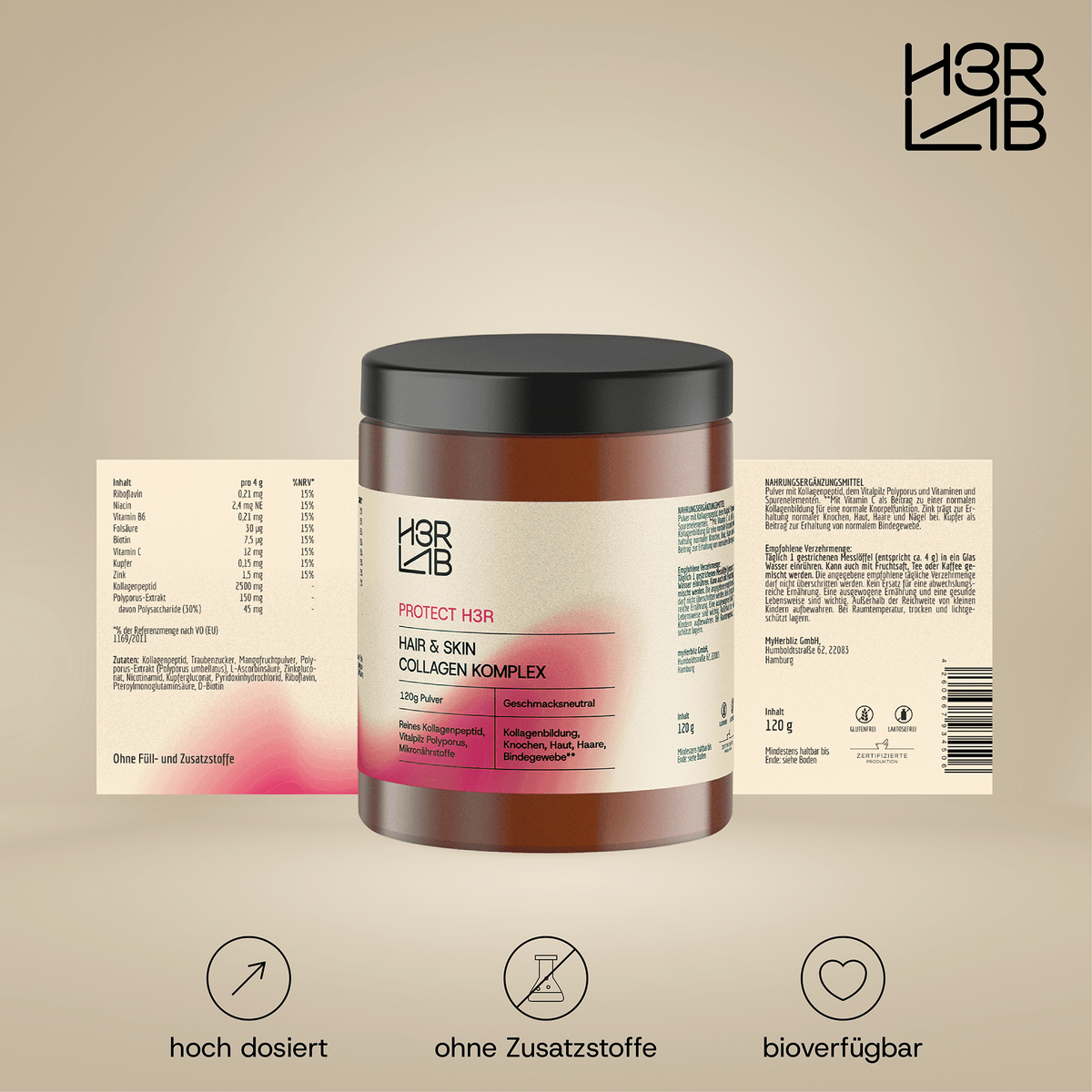 H3R LAB Hair & Skin Kollagen Komplex in einer Geschenkverpackung, zeigt die Nahrungsergänzungskapseln für Haut und Haarpflege