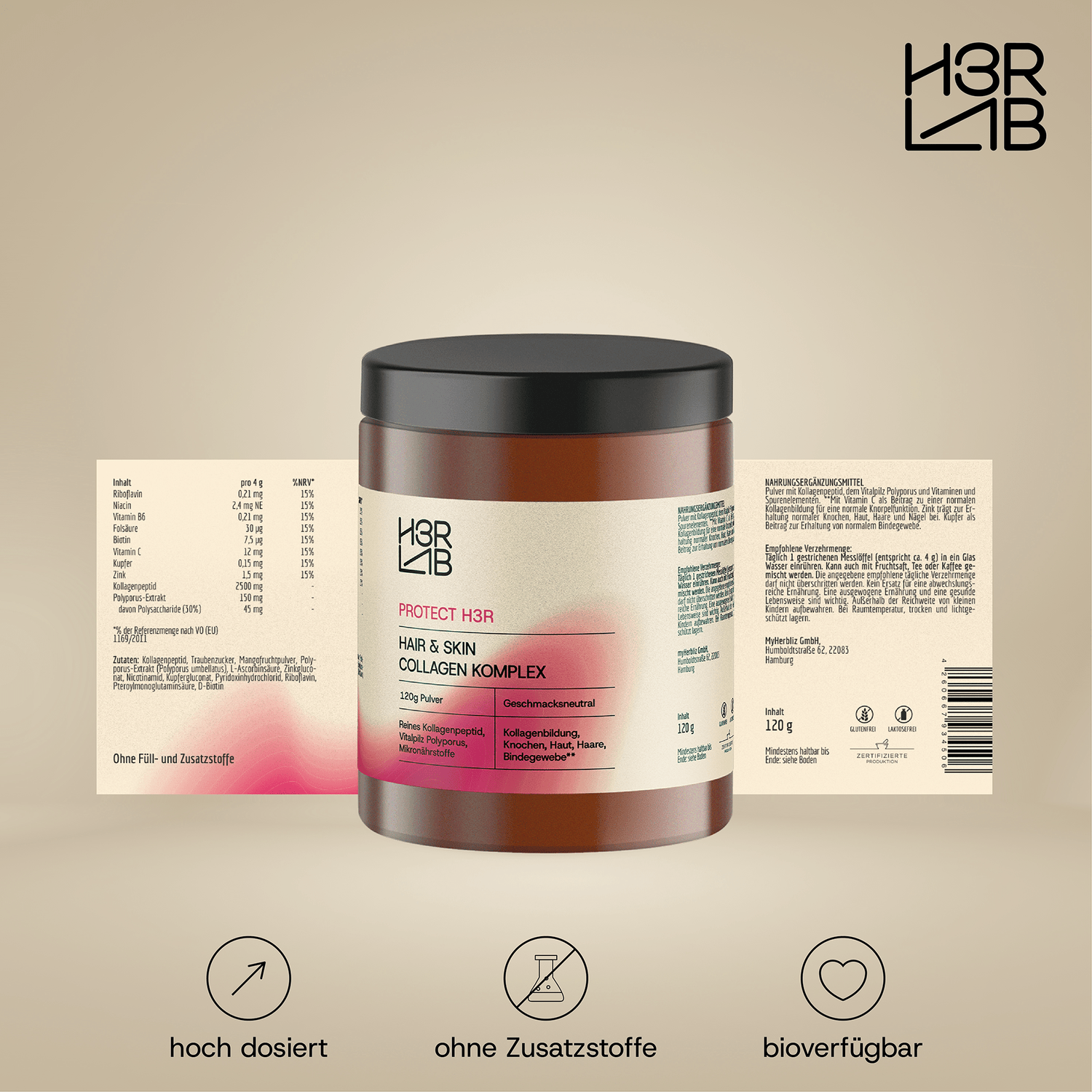 H3R LAB Hair & Skin Kollagen Komplex in einer Geschenkverpackung, zeigt die Nahrungsergänzungskapseln für Haut und Haarpflege