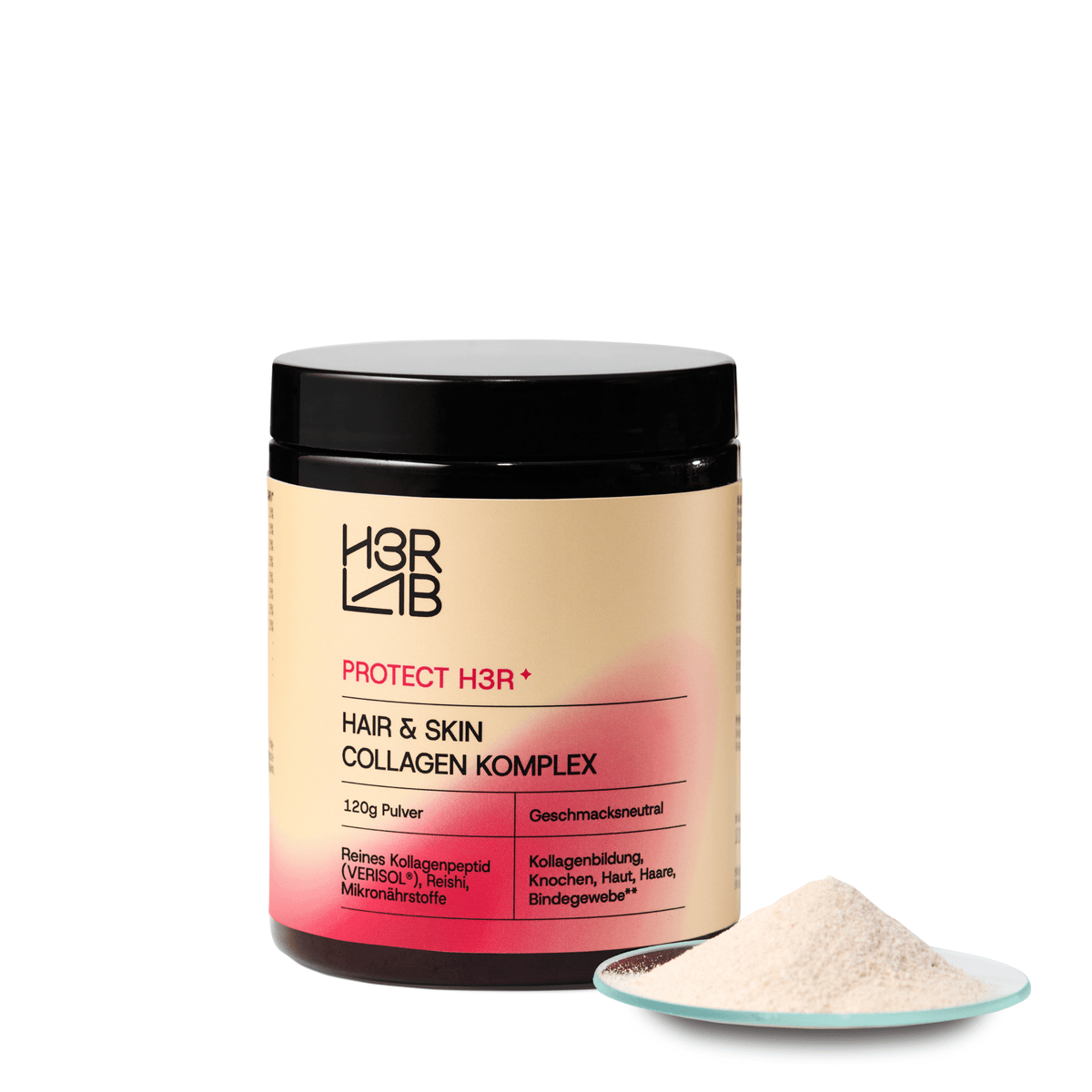 H3R LAB Hair & Skin Kollagen Komplex, Geschenk, Nahaufnahme der Verpackung mit Collagen-Produkt für gesunde Haut und Haare