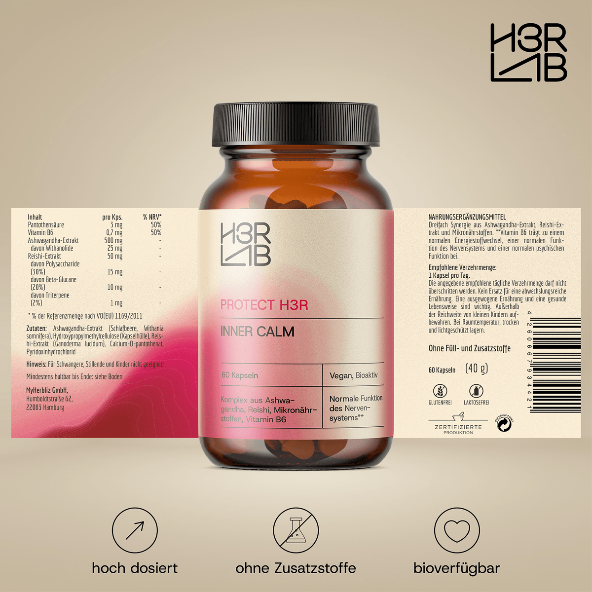 H3R LAB Inner Calm Nahrungsergänzungsmittel in einer Dose, close-up Ansicht der Verpackung