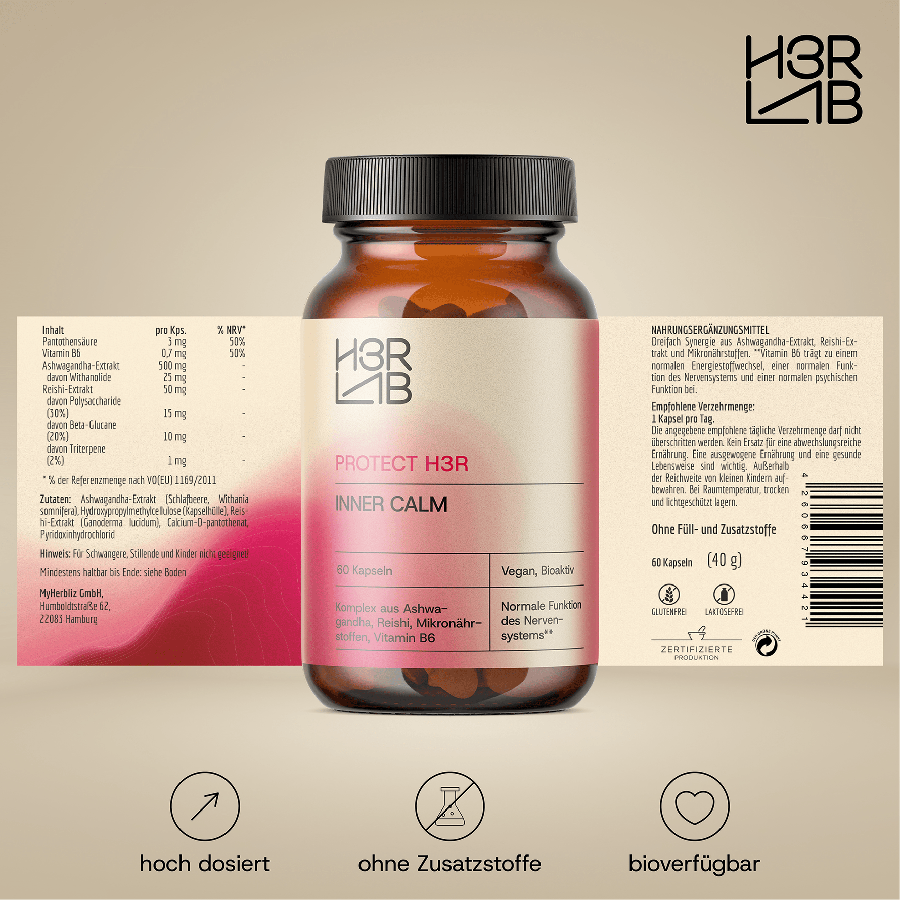 H3R LAB Inner Calm Nahrungsergänzungsmittel in einer Dose, close-up Ansicht der Verpackung