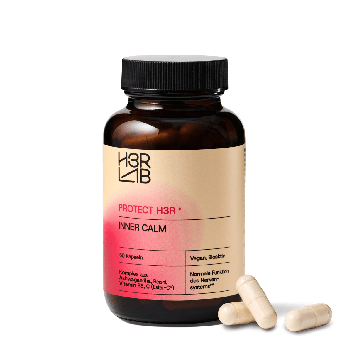 H3R LAB Inner Calm Nahrungsergänzungsmittel in einer Flasche, entspannende Kräuter und natürliche Inhaltsstoffe, close-up der Verpackung