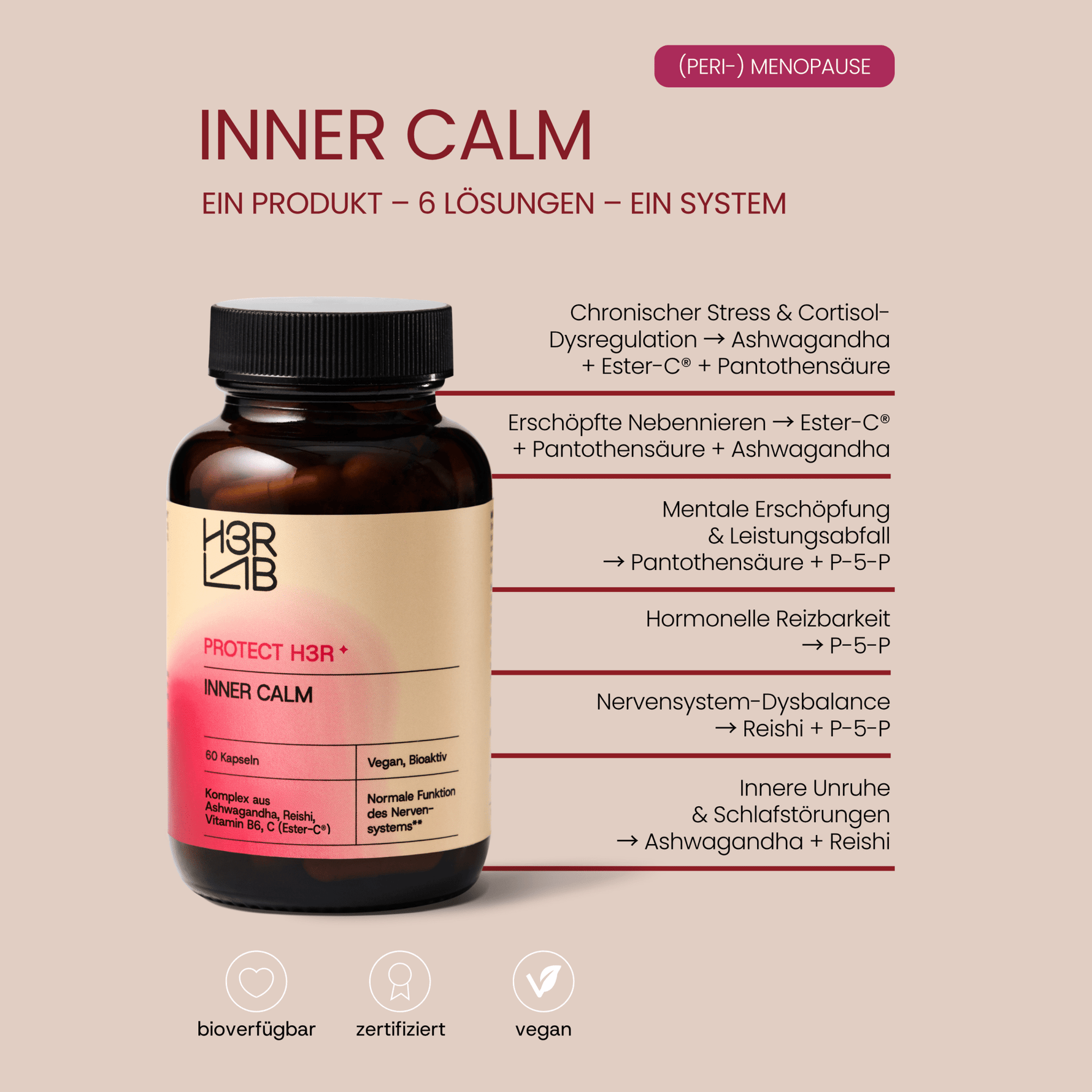 H3R LAB Inner Calm Nahrungsergänzungsmittel in Flasche, natürliche Inhaltsstoffe, entspannender Kräutertee, entspannende Stimmung