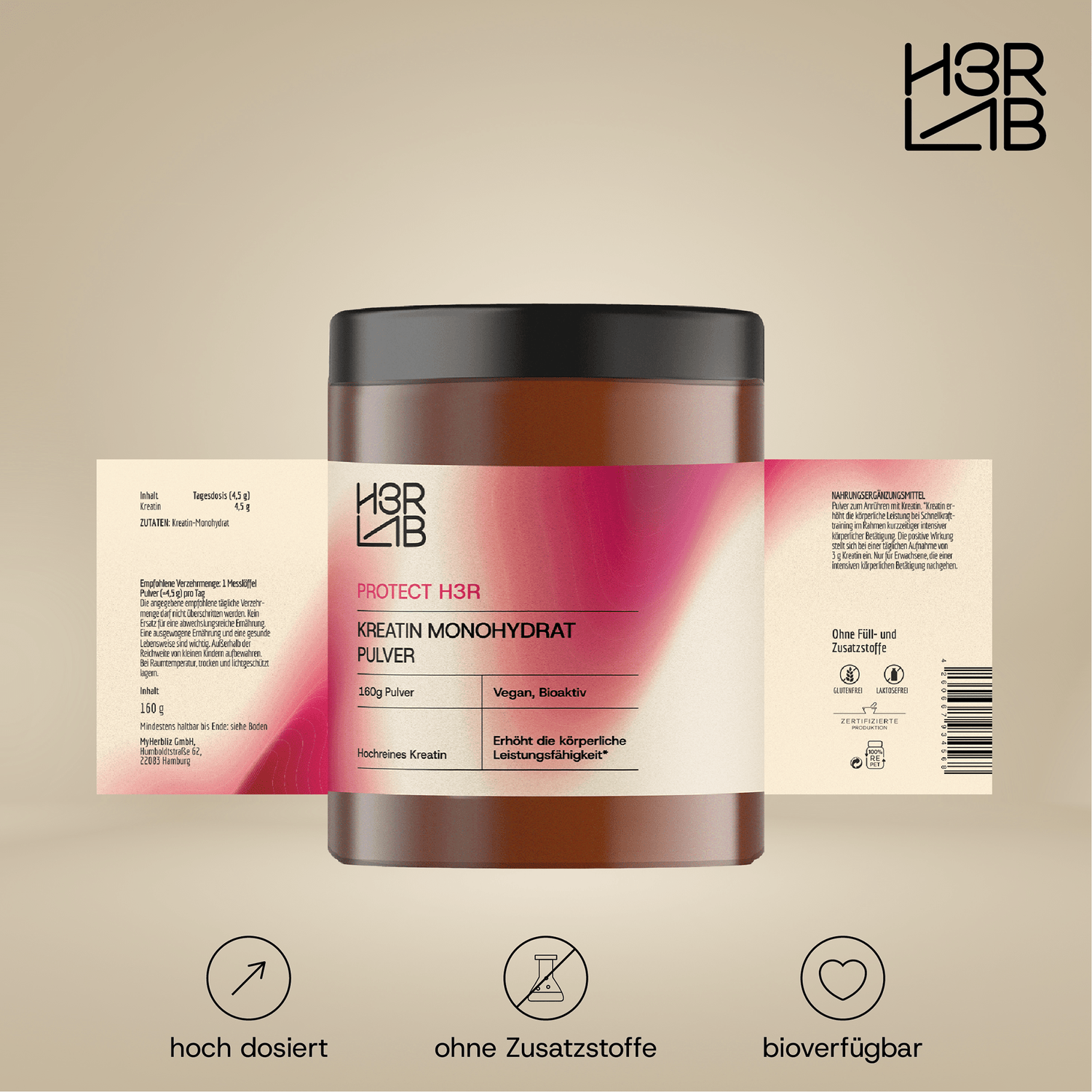Feines Kreatin Monohydrat Pulver von H3R LAB in einer transparenten Verpackung, ideal für Muskelaufbau und Leistungssteigerung