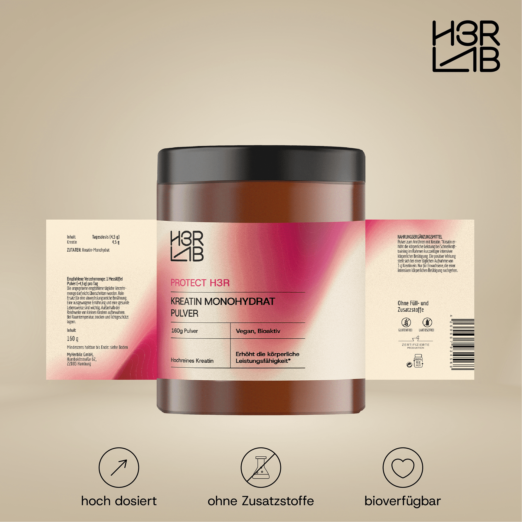 Feines Kreatin Monohydrat Pulver von H3R LAB in einer transparenten Verpackung, ideal für Muskelaufbau und Leistungssteigerung