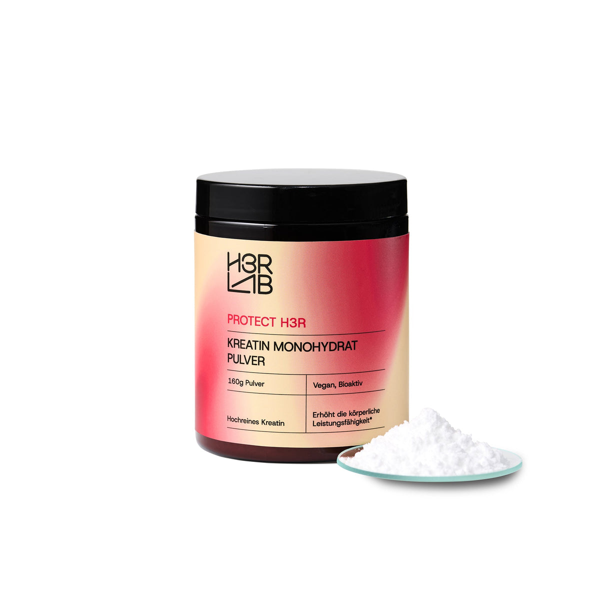 H3R LAB Kreatin Monohydrat Pulver in weißem Pulverform, ideal für Muskelaufbau und Training, Nahaufnahme des Produkts