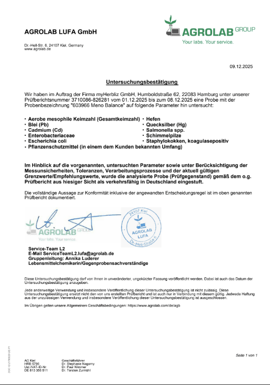 H3RLAB Meno Balance Nahrungsergänzungsmittel, Dose mit Tabletten, Nahaufnahme der Verpackung.