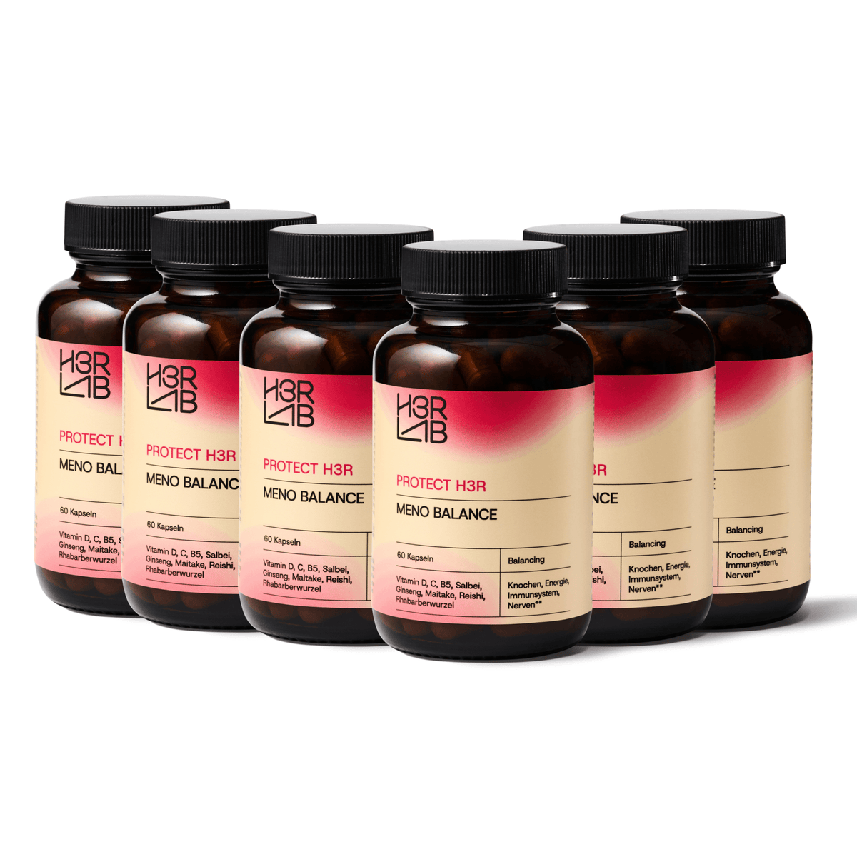 H3RLAB Meno Balance Nahrungsergänzungsmittel, Dose mit Kapseln, close-up auf der Verpackung