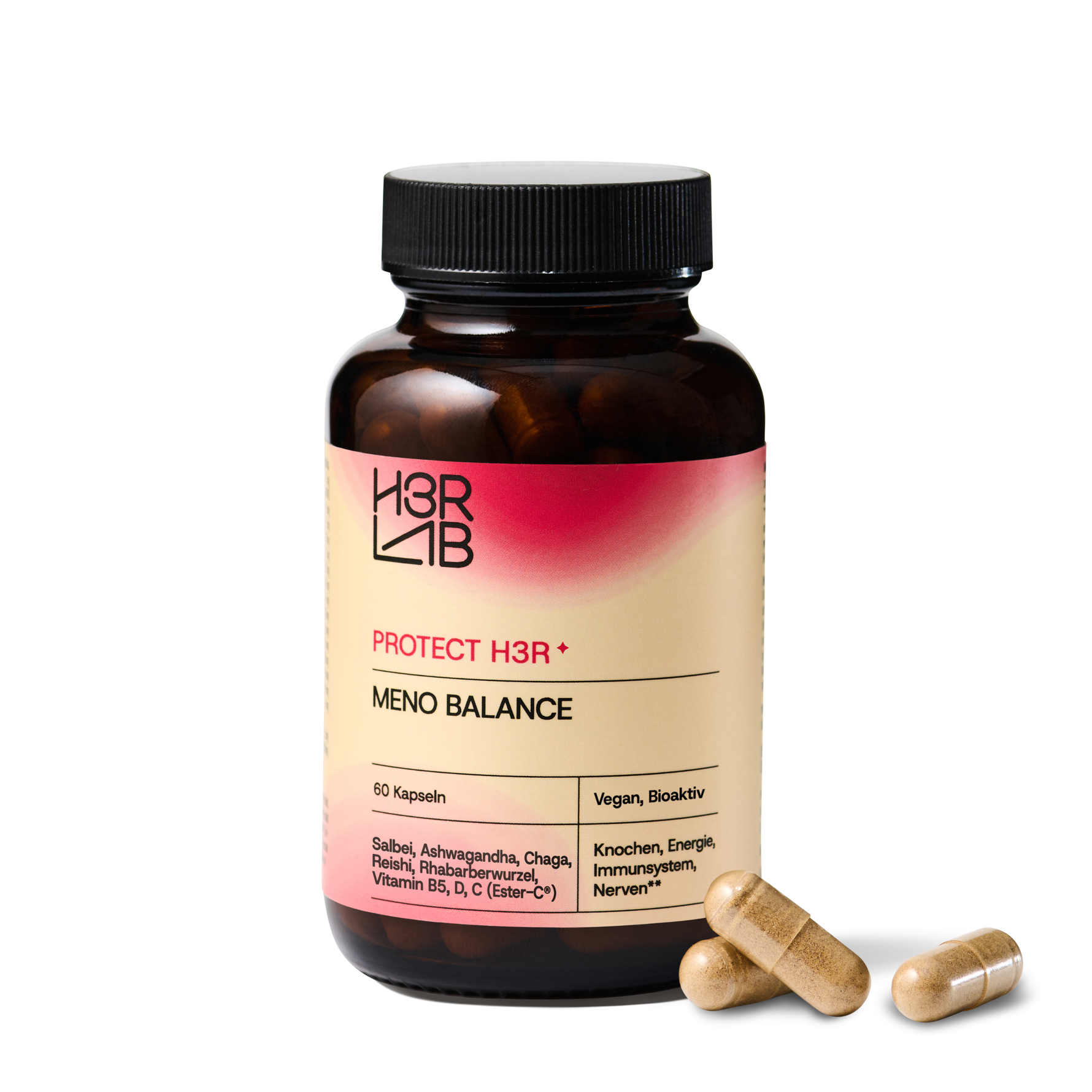 H3RLAB Meno Balance Nahrungsergänzungsmittel mit natürlichen Inhaltsstoffen, in einer weißen Verpackung abgebildet