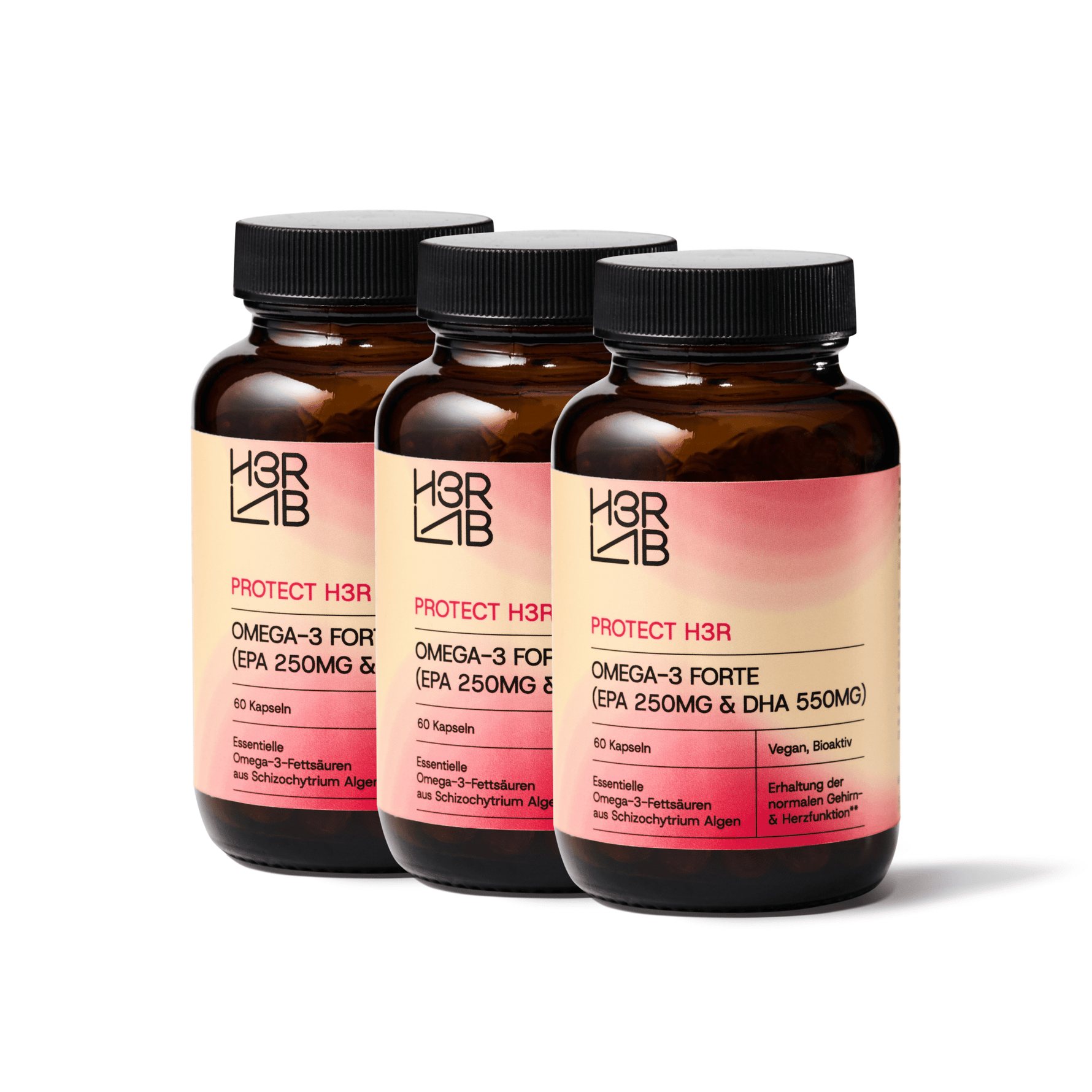 Omega-3 Forte von H3R LAB, close-up auf die Omega-3 Kapseln in einer Blisterpackung, gesundheitsfördernde Fischölpräparate