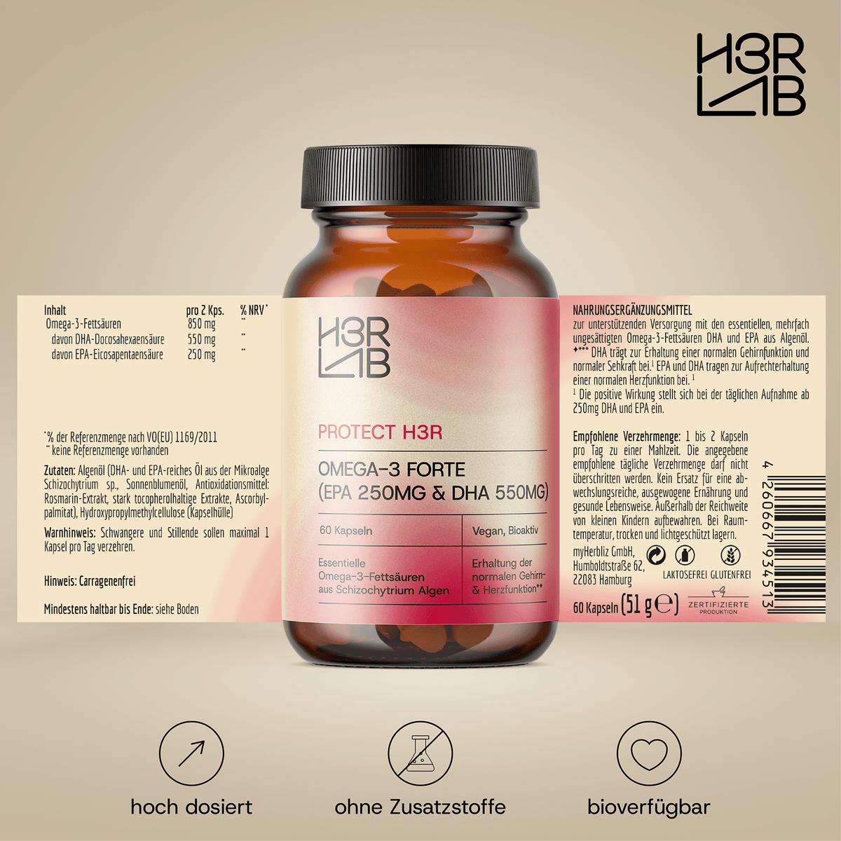 Omega-3 Forte von H3R LAB, pflanzliche Omega-3-Kapseln in einer blauen Packung auf weißem Hintergrund