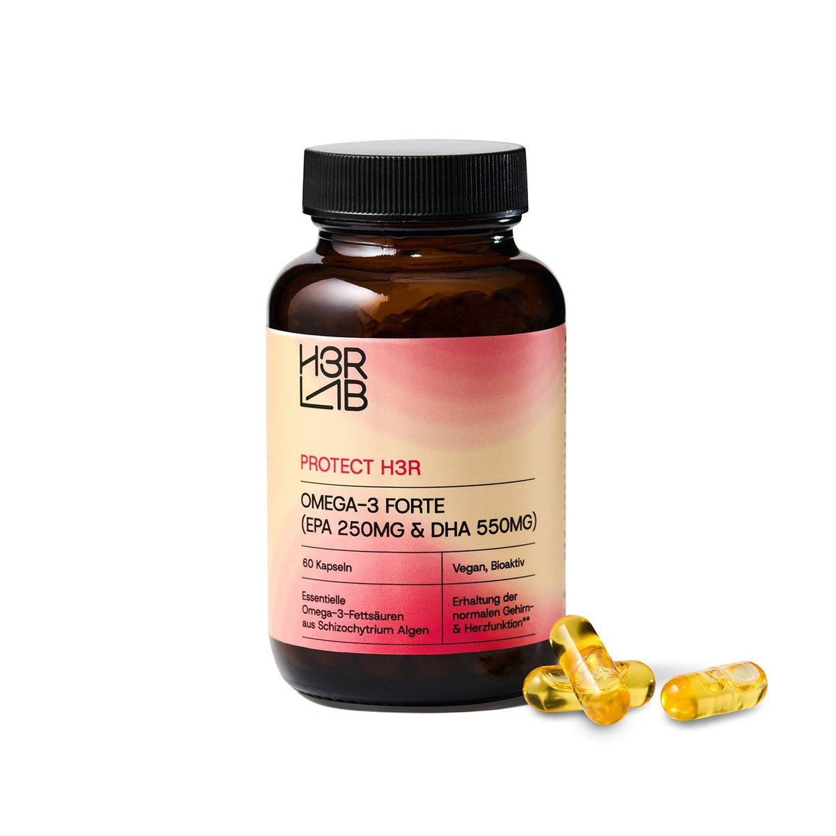 Omega-3 Forte Kapseln von H3R LAB, gelbe Fischöl-Kapseln auf weißem Hintergrund, für Herz und Gehirn.