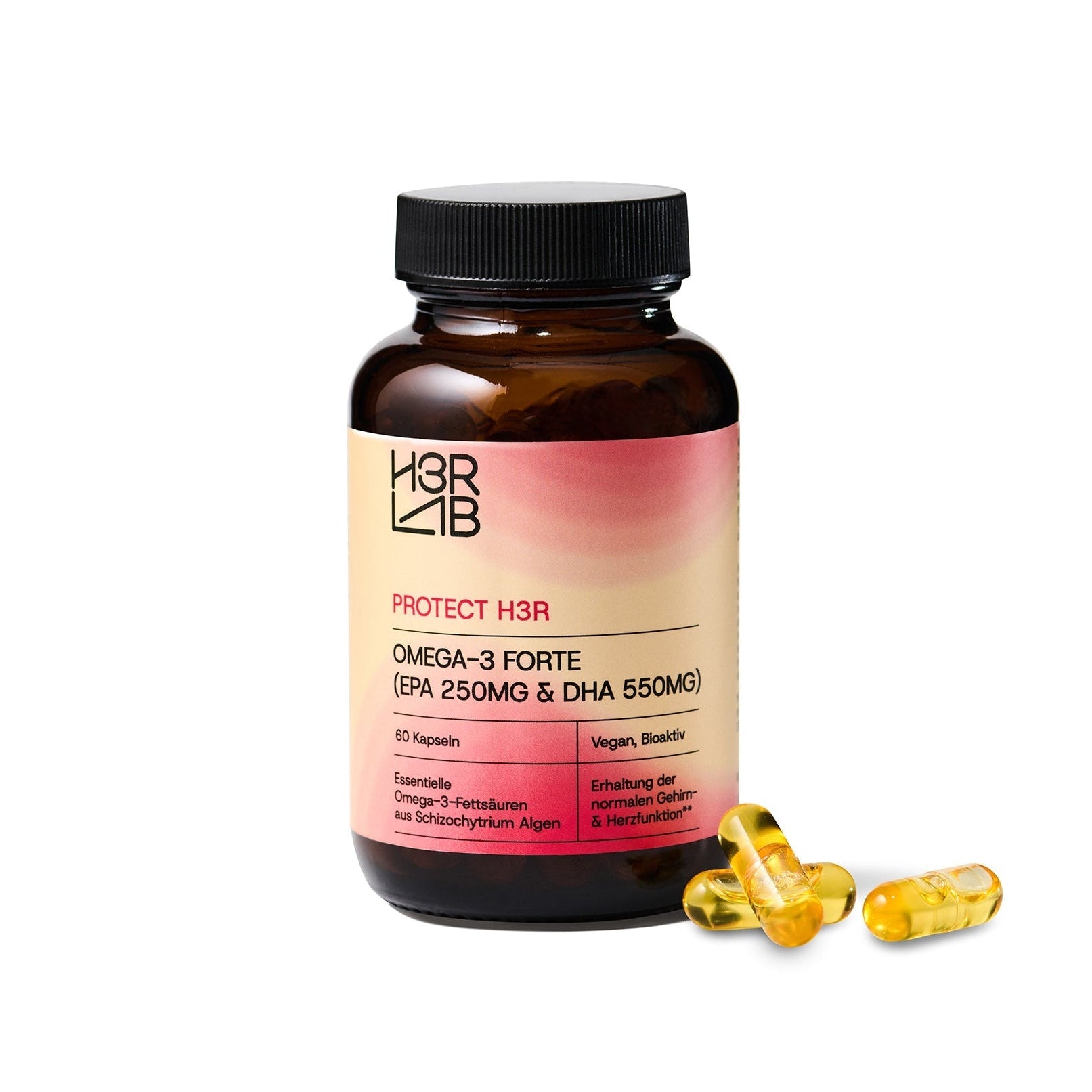 Omega-3 Forte Kapseln von H3R LAB, gelbe Fischöl-Kapseln auf weißem Hintergrund, für Herz und Gehirn.