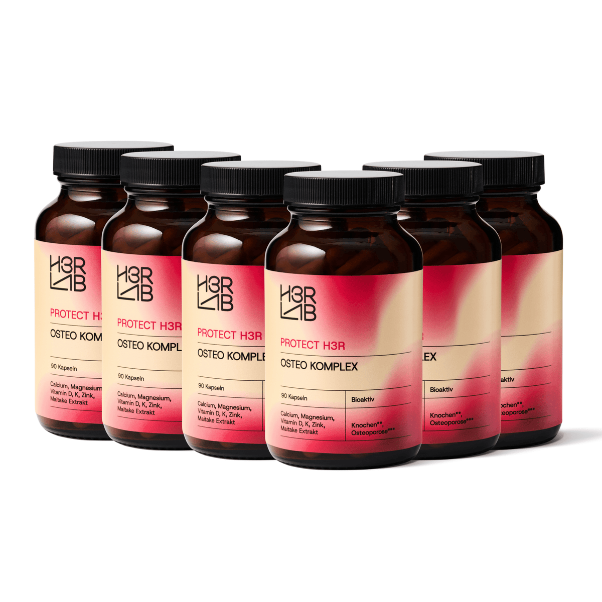 H3R LAB Osteo Komplex mit Kapseln, Nahaufnahme der Verpackung und Tabletten auf weißem Hintergrund