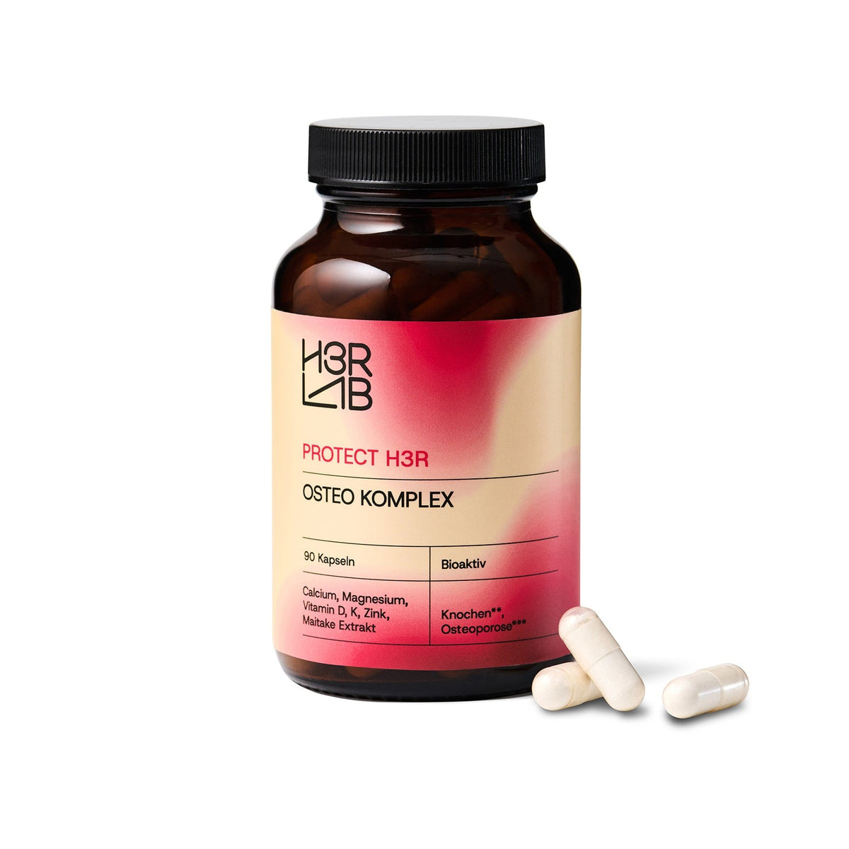 H3R LAB Osteo Komplex Kapseln mit Calcium und Mineralien für gesunde Knochen, Nahaufnahme der Verpackung