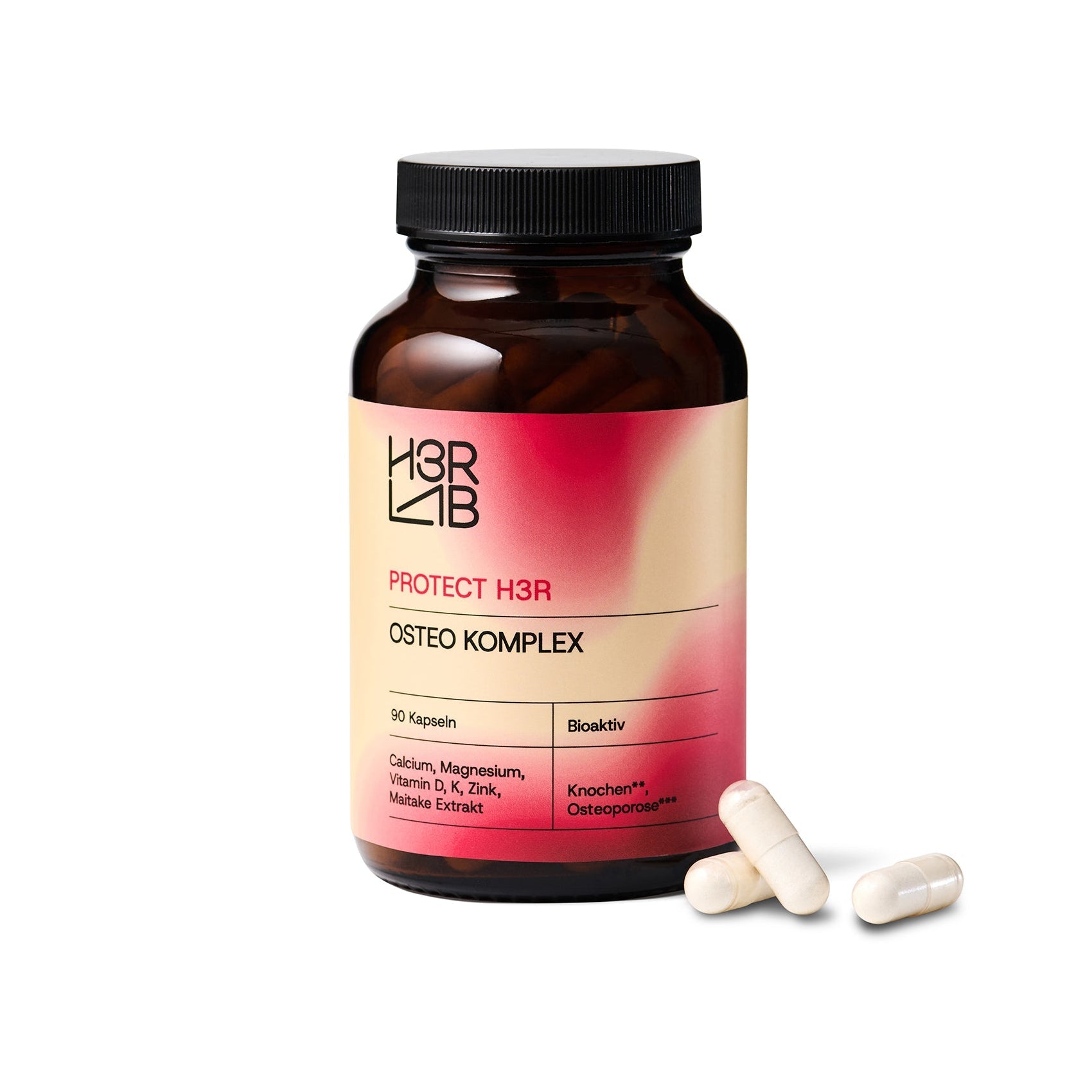 H3R LAB Osteo Komplex Kapseln mit Calcium und Mineralien für gesunde Knochen, Nahaufnahme der Verpackung