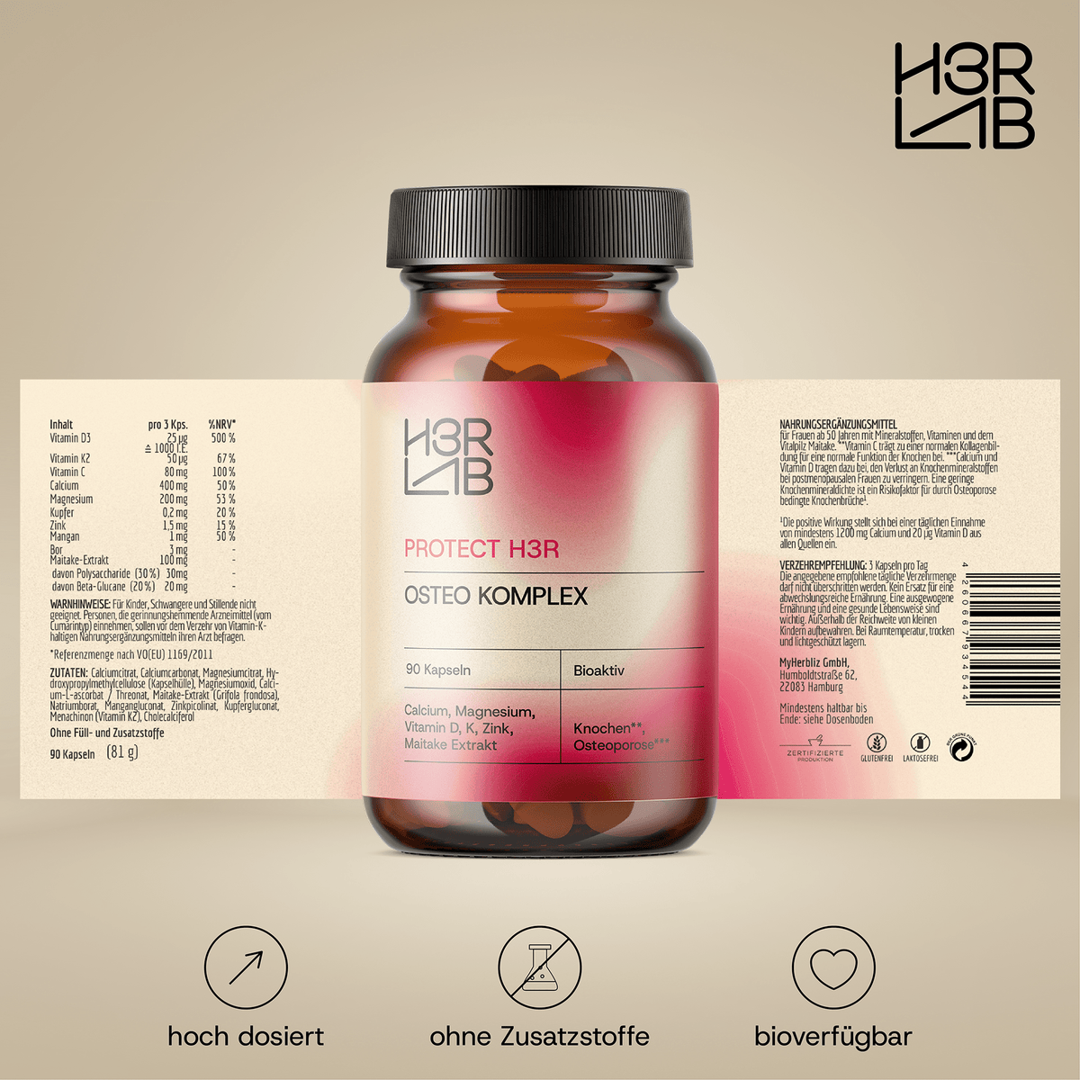 Osteo Komplex von H3R LAB, Nahrungsergänzungsmittel in Tablettenform, mit Mineralien und Vitaminen für Knochenunterstützung