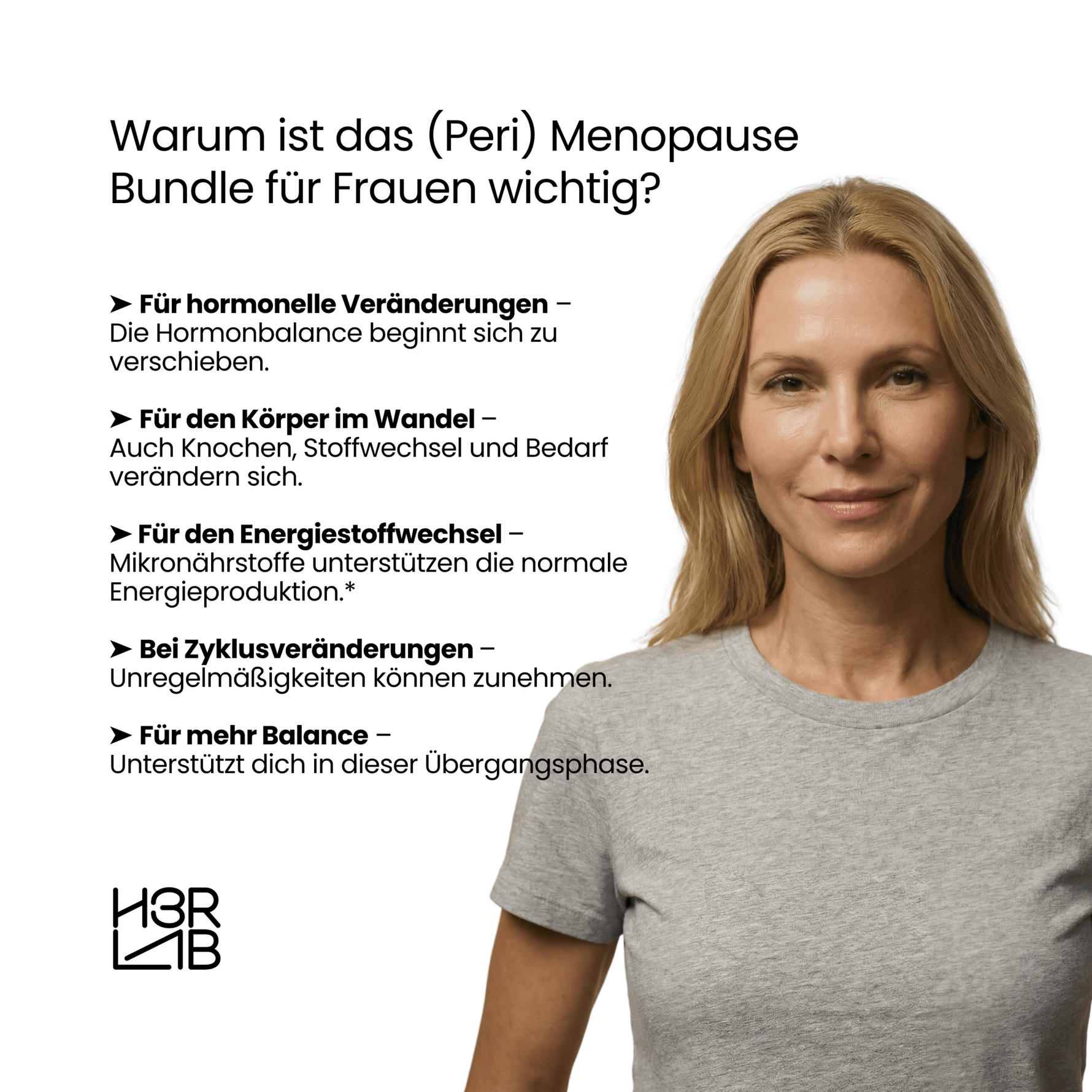 H3R LAB Menopause-Bundle mit natürlichen Produkten für die Perimenopause, inklusive Packungen und Ergänzungen.