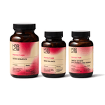 H3R LAB Perimenopause-Bundle mit Nahrungsergänzungsmitteln, Fläschchen und Verpackung auf weißem Hintergrund