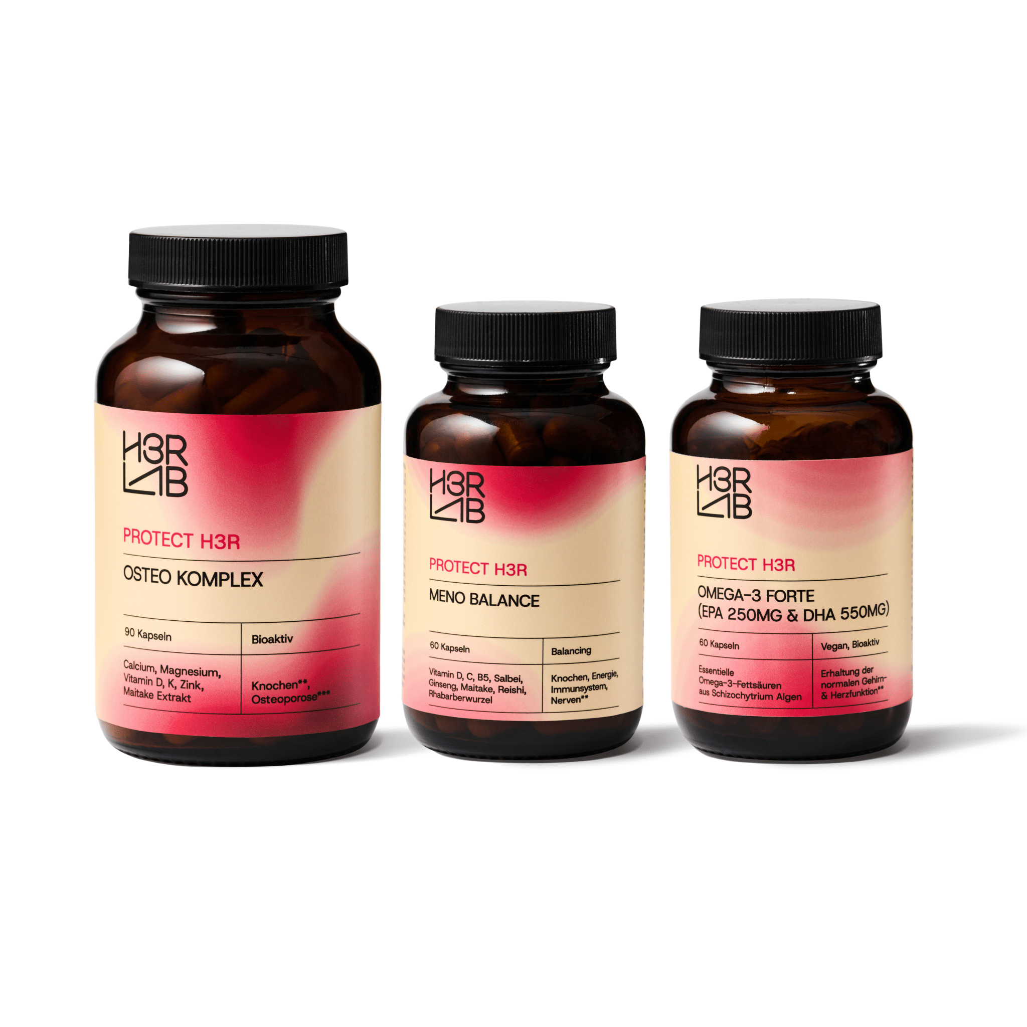 H3R LAB Perimenopause-Bundle mit Vitaminen und Nahrungsergänzungsmitteln für hormonelle Balance und Wohlbefinden.