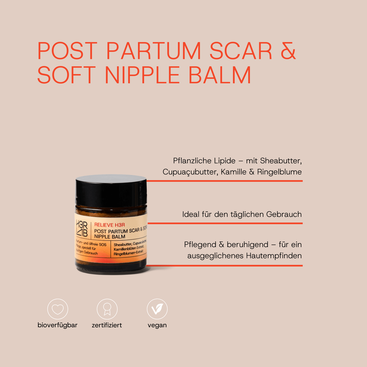 H3R LAB Post-Partum Narben- und SOS-Brustwarzensalbe in 30ml, cremige Textur für empfindliche Haut nach der Geburt