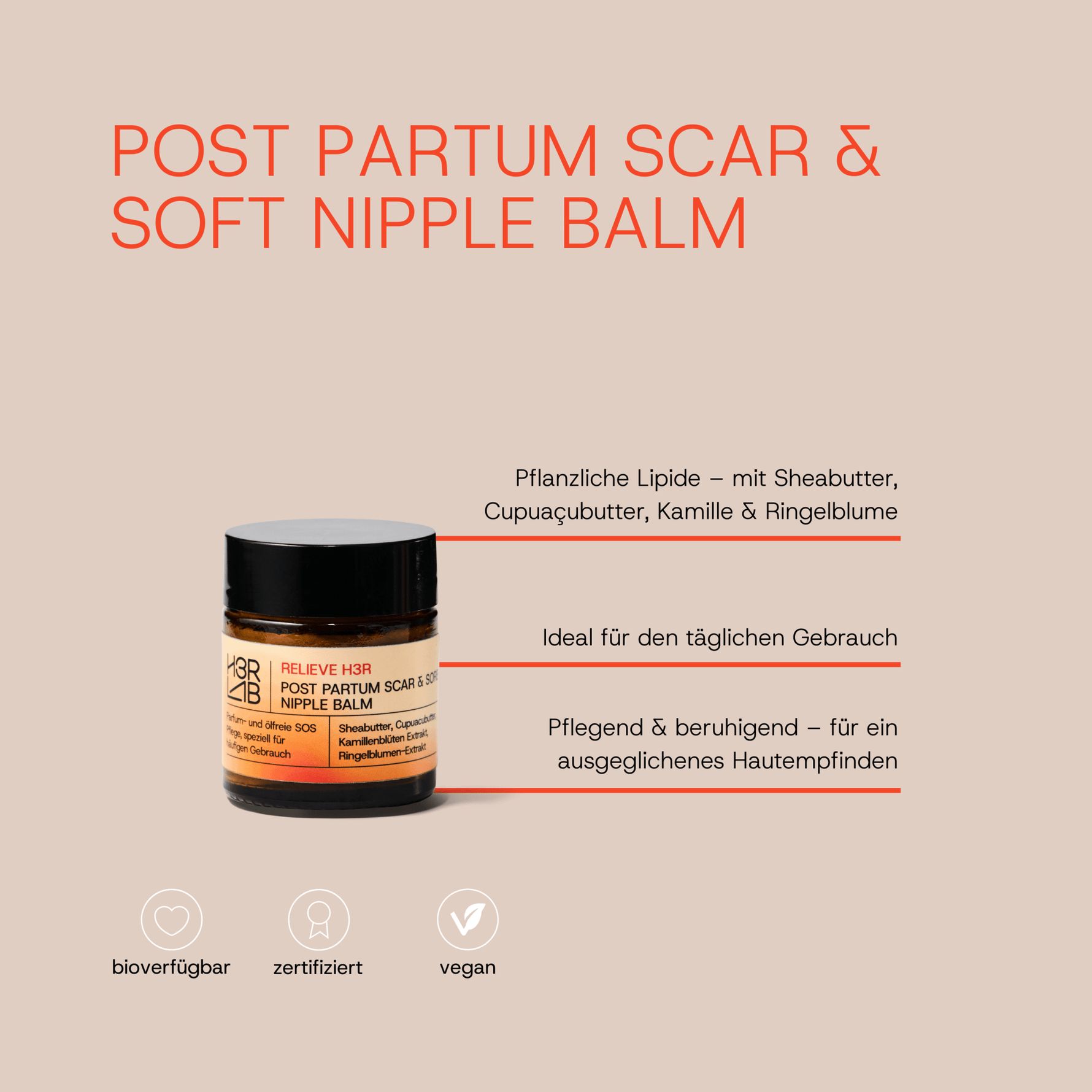 H3R LAB Post-Partum Narben- und SOS-Brustwarzensalbe in 30ml, cremige Textur für empfindliche Haut nach der Geburt