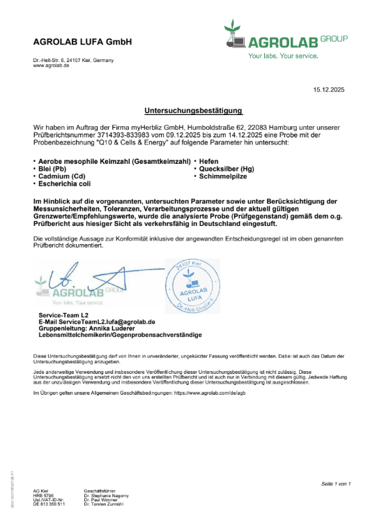 H3RLAB Q10 Cells & Energy Nahrungsergänzungsmittel in einer weißen Flasche mit blauer Beschriftung, Nahaufnahme