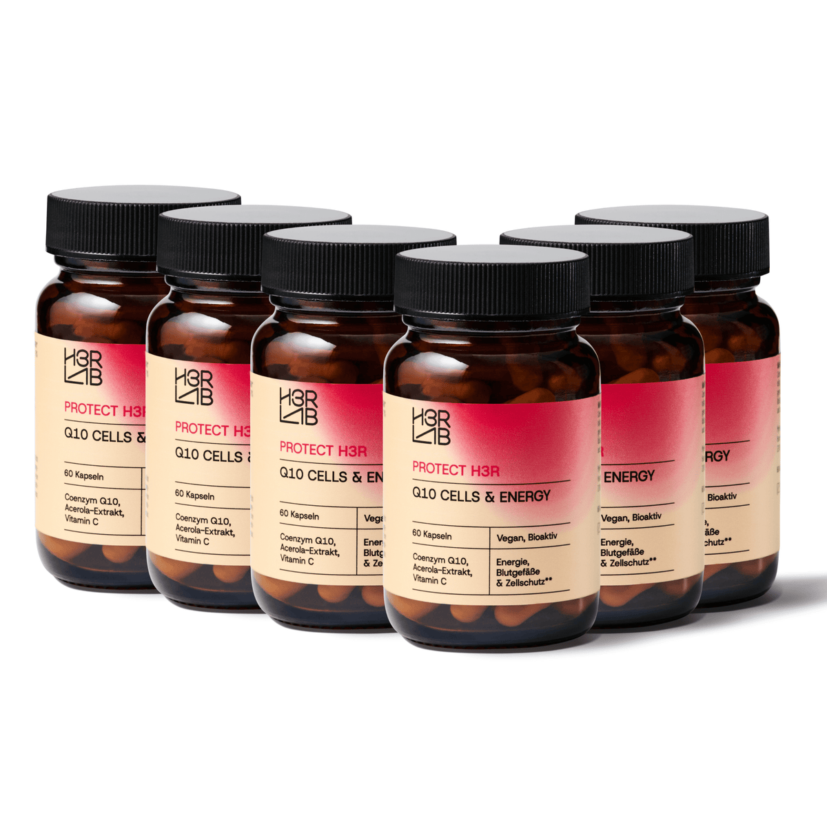 H3RLAB Q10 Cells & Energy Nahrungsergänzungsmittel in Tablettenform, auf weißem Hintergrund.