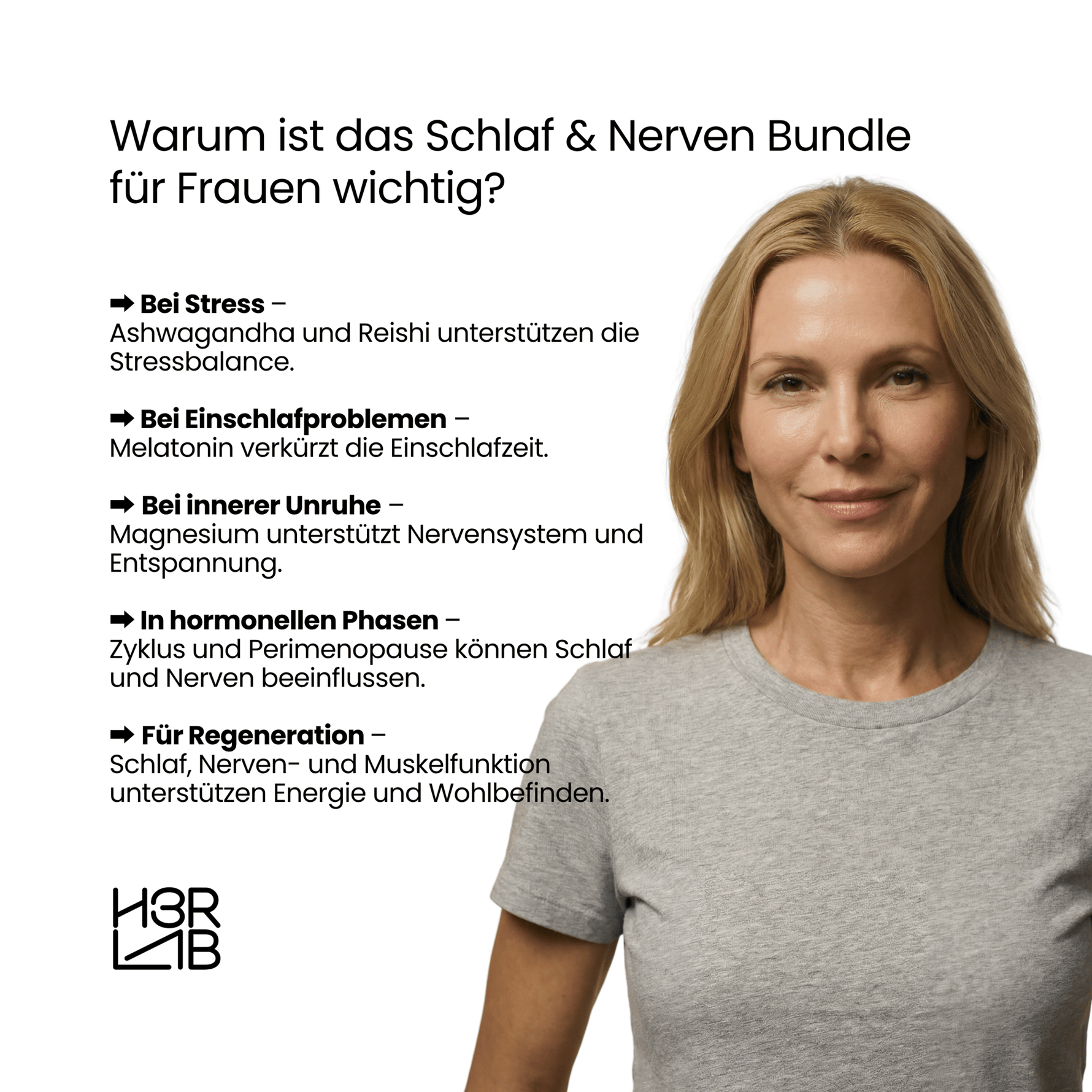 H3R LAB Schlaf & Nerven Balance Bundle mit natürlichen Nahrungsergänzungsmitteln, Flaschen und Verpackung, entspannend und beruhigend.