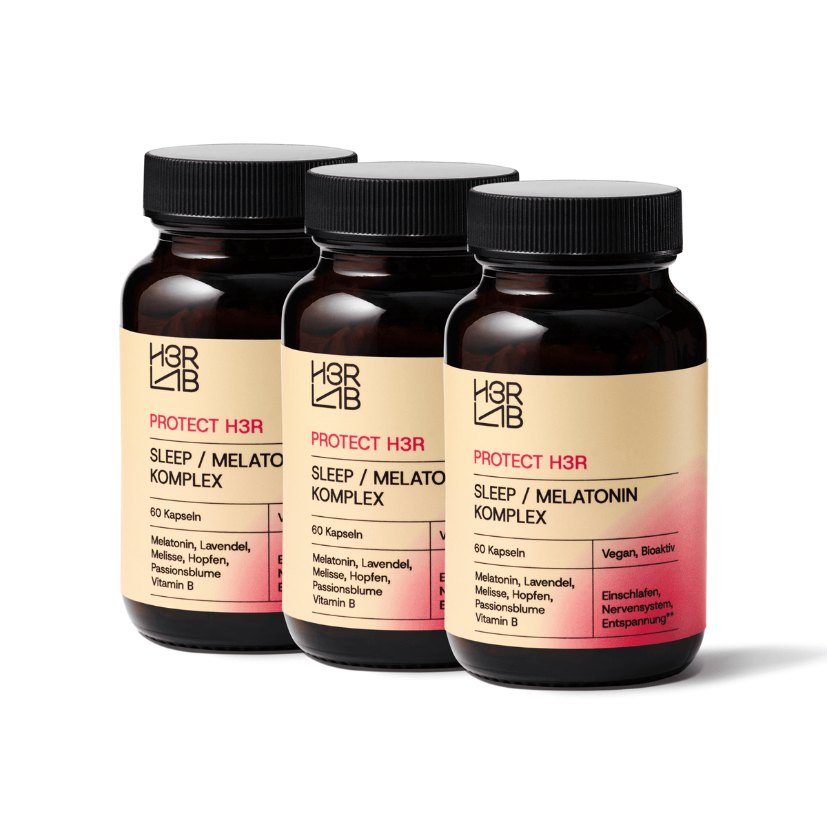 H3R LAB Sleep/Melatonin Komplex 1mg, braune Kapseln in einer weißen Verpackung, entspannender Schlafunterstützung